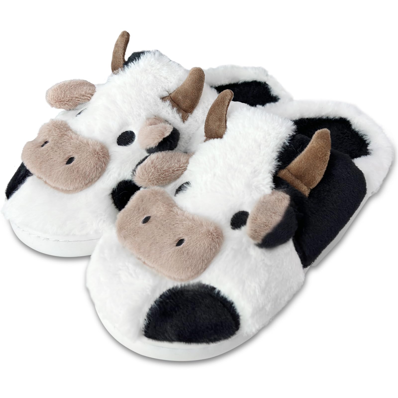 Newshy Cow Slippers for Women Kids, Fluffy Cute Animal Slippers Thick Sole, Fuzzy Plush Cartoon Slippers Winter Cozy Novelty Cow Slipper Gifts for Women Couple Family Toddler