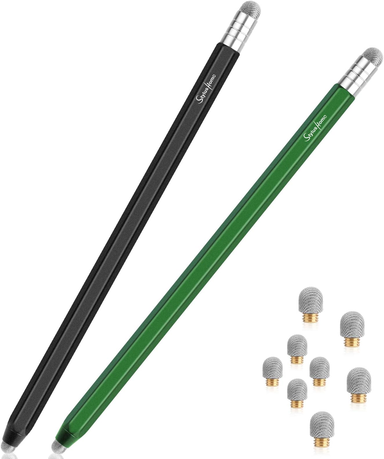 StylusHome Stylus for Touch Screens (2 Pcs), High Sensitivity 2 in 1 Fiber Tips Pen with 8 Extra Replaceable Tips, Stylus for iPad iPhone Tablets Samsung All Universal Touch Screen (Black & Green)