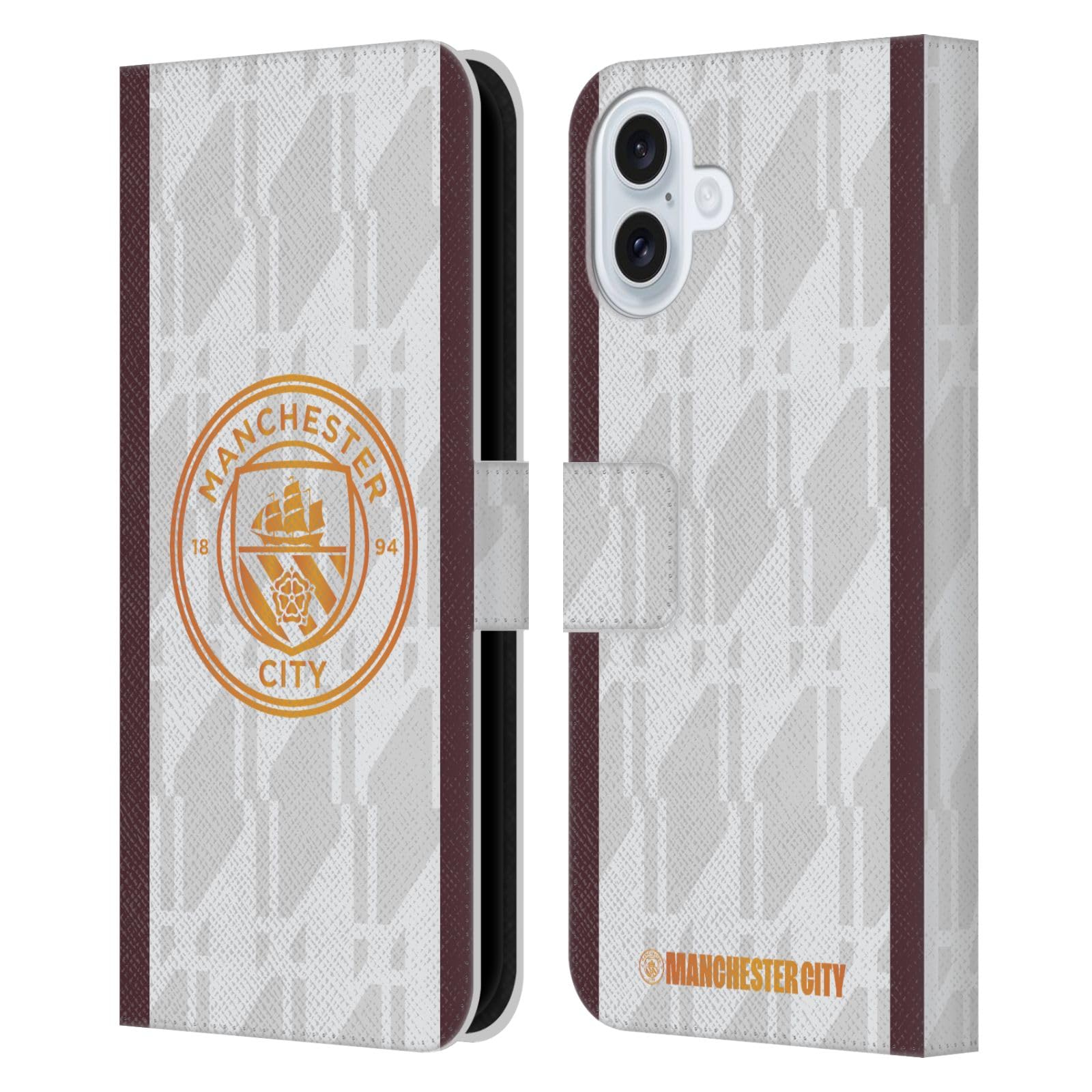 Head Case Designs Officially Licensed Manchester City Man City FC Away 2023/24 Badge Kit Leather Wallet Case Compatible With Apple iPhone 16 Plus