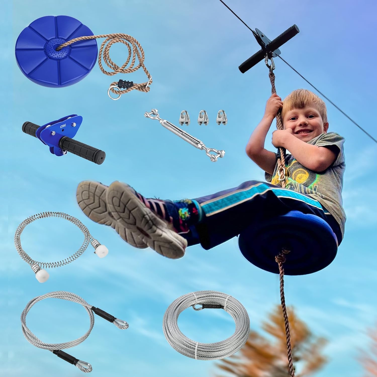 CTSC tirolina, tirolinas para Adultos y niños, Home Garden Toy Lift Set con Frenos, Asientos y Cuerdas de Acero, Colorido Disfrute de diversión (29 m Azul)