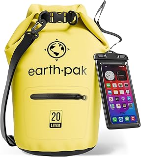 Earth Pak Bolsa seca impermeável da série Torrent para caiaque, canoagem, caminhadas, campismo e pesca com estojo à prova de água para telefone (Amarelo, 20L)