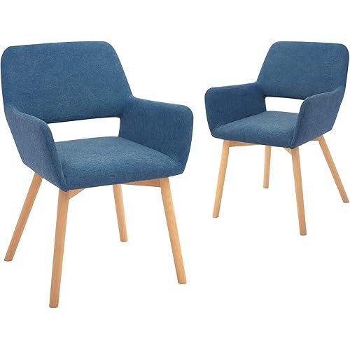 CangLong Fabric Cushion Leisure Modern Living Dining Room Accent Arm Chairs Club Guest with Solid Wood Legs, Set of 2, Blue