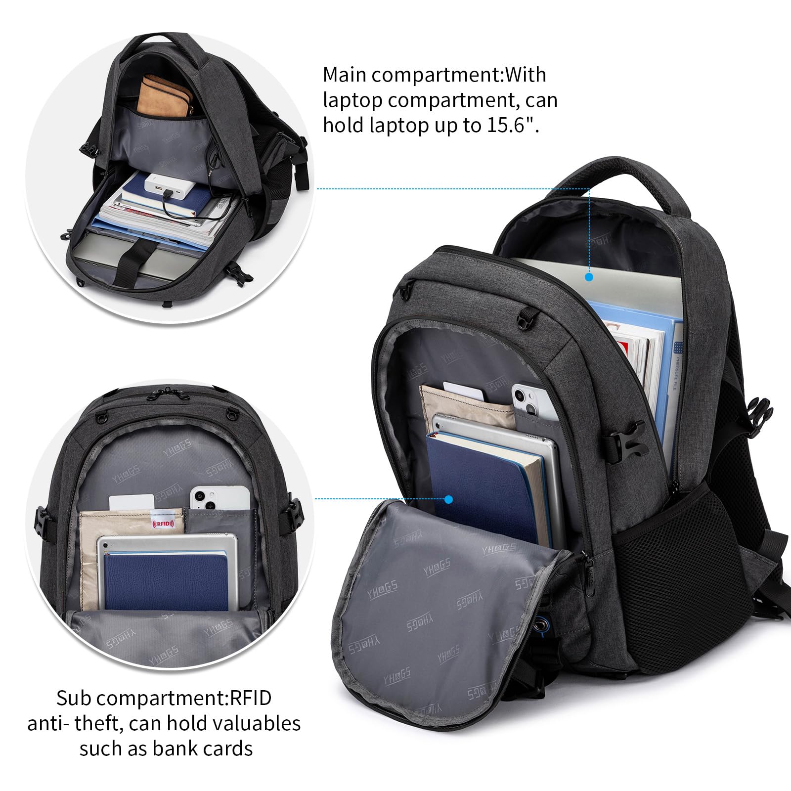 RUCYEN Sac à dos pour skateboard, ordinateur portable avec port de charge USB, convient pour ordinateur portable jusqu'à 15,6", pour les voyages, gris foncé, 15.6, Sports