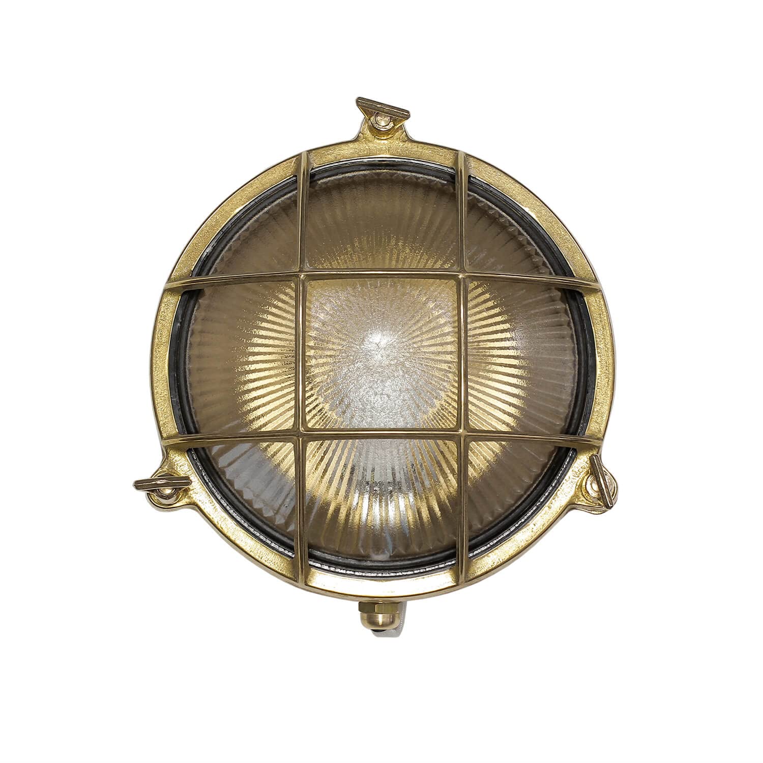 Licht-Erlebnisse Lámpara de pared exterior de latón y vidrio IP64 para entrada de casa, Ø21 cm, E27 máx. 18 W, redonda, marítima, con rejilla, aplique de pared exterior rústico para jardín SERIFOS