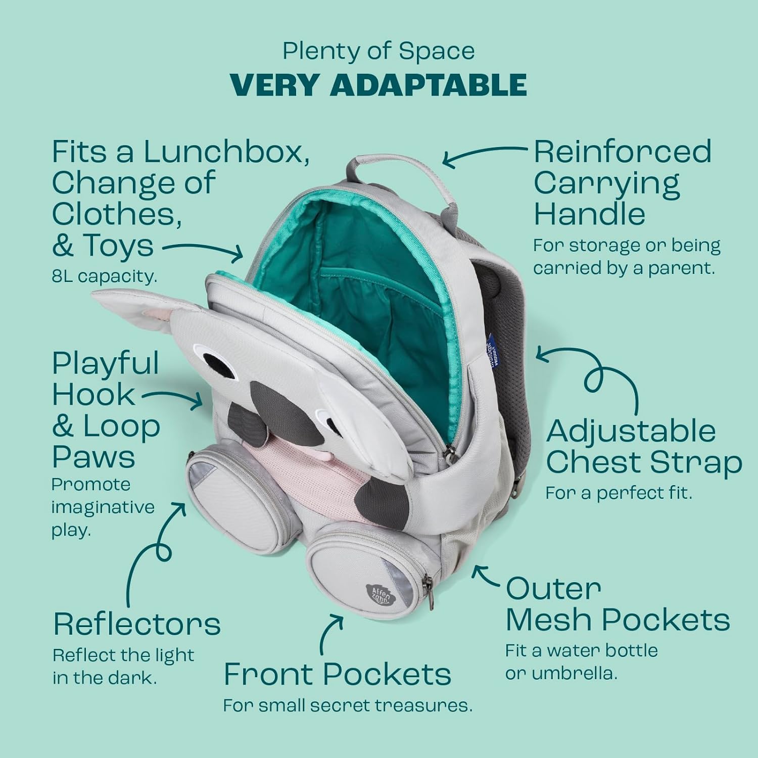 Affenzahn - Large Friend - Kids/Toddler Animal Backpack - For Daycare, Preschool & Travel - Pull-Out Tongue - Hook & Loop Paws - Water-Repellant - Easy to Clean - For Boys & Girls Ages 3-5 -8 L -Koala