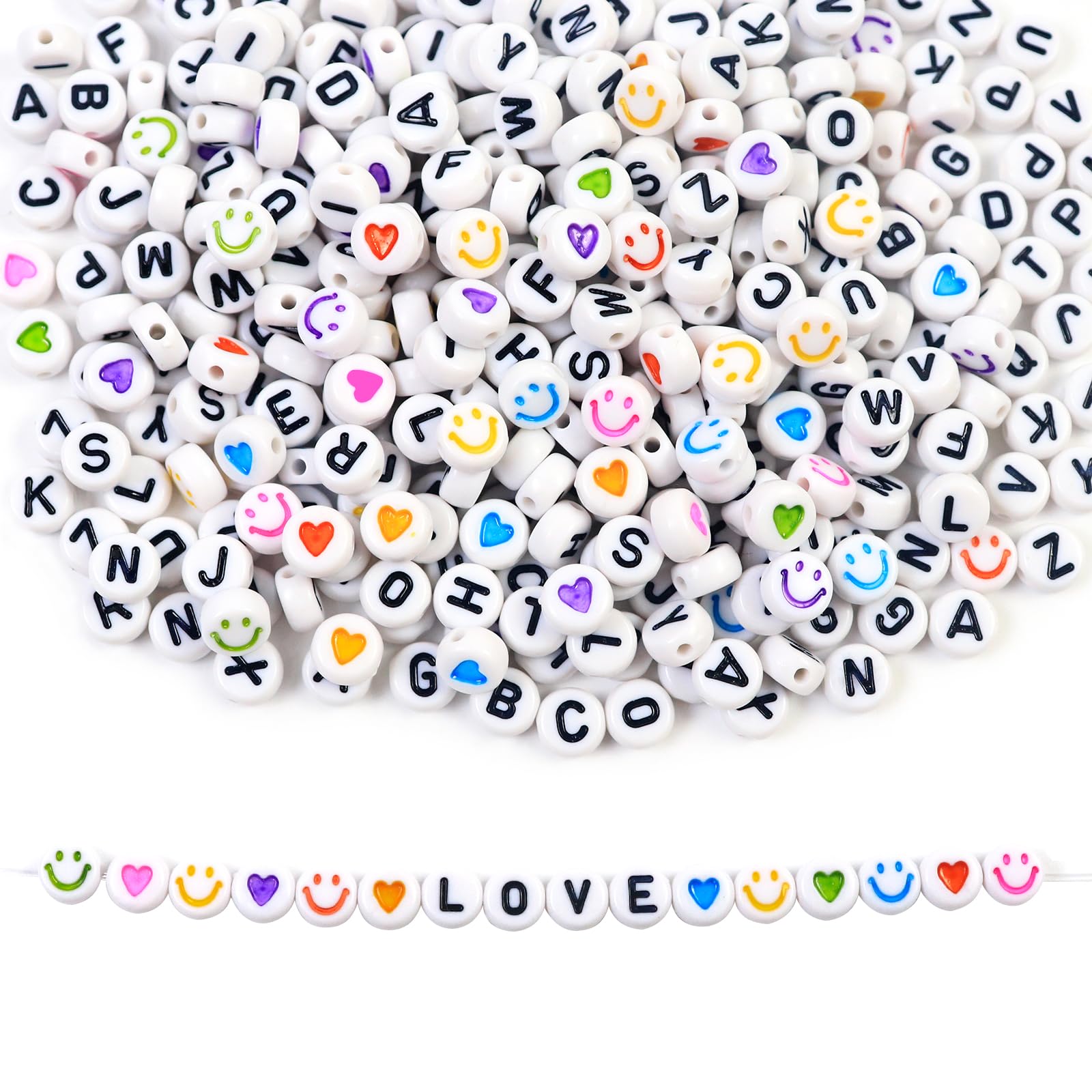 Redamancy 400 Pcs Letter Beads, A-Z 7mm Acrylic Round Spacer Letter Beads, Colorful Heart Threading Beads and Smile Face Beads Bracelet Making Kit for Beading Making Art Craft Weaving DIY Bracelets