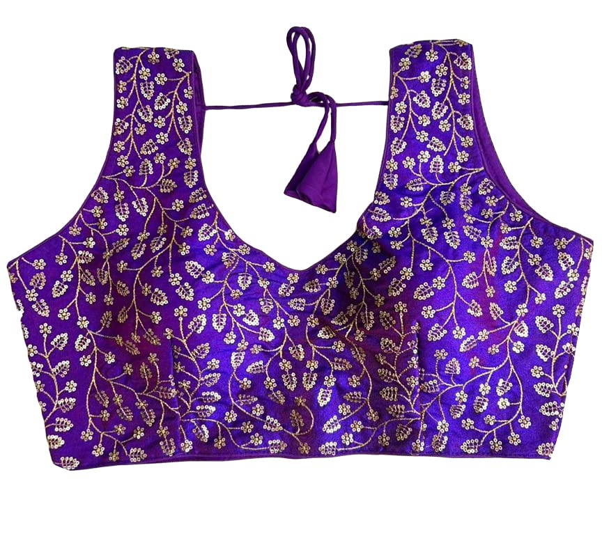 Vihu Fashion Women's Phantom Silk Golden Sequins Zari Embroidery Pann Neck Sleeveless Blouse Dark Green (Krishnam Purple)