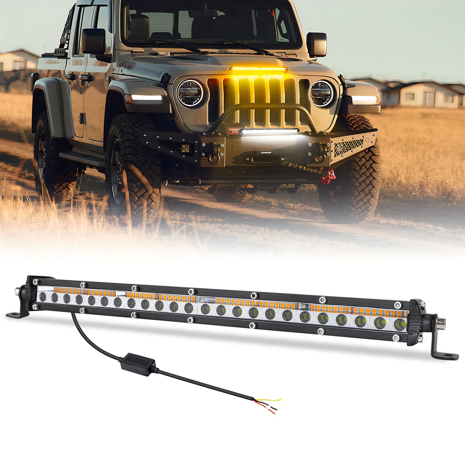 OPP ULITE Slim Led Light Bar with Yellow Strobe Light 1 Solid Mode & 1 Flashing Mode, 13.5inch 84pcs Led Spot Beam Driving Work Lights for 4x4 Trucks SUV ATV UTV, 1PC Pack