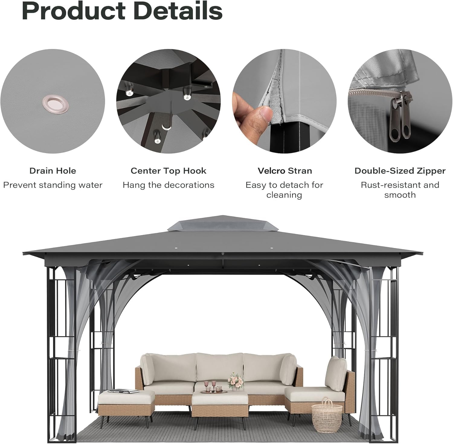 LAUSAINT HOME 13' x 11' Outdoor Patio Gazebo, Heavy-Duty Steel Frame Gazebo with Double-Tier Roof & Mosquito Netting, Party Tent Shelter for Backyard, Garden, Lawn, Gray