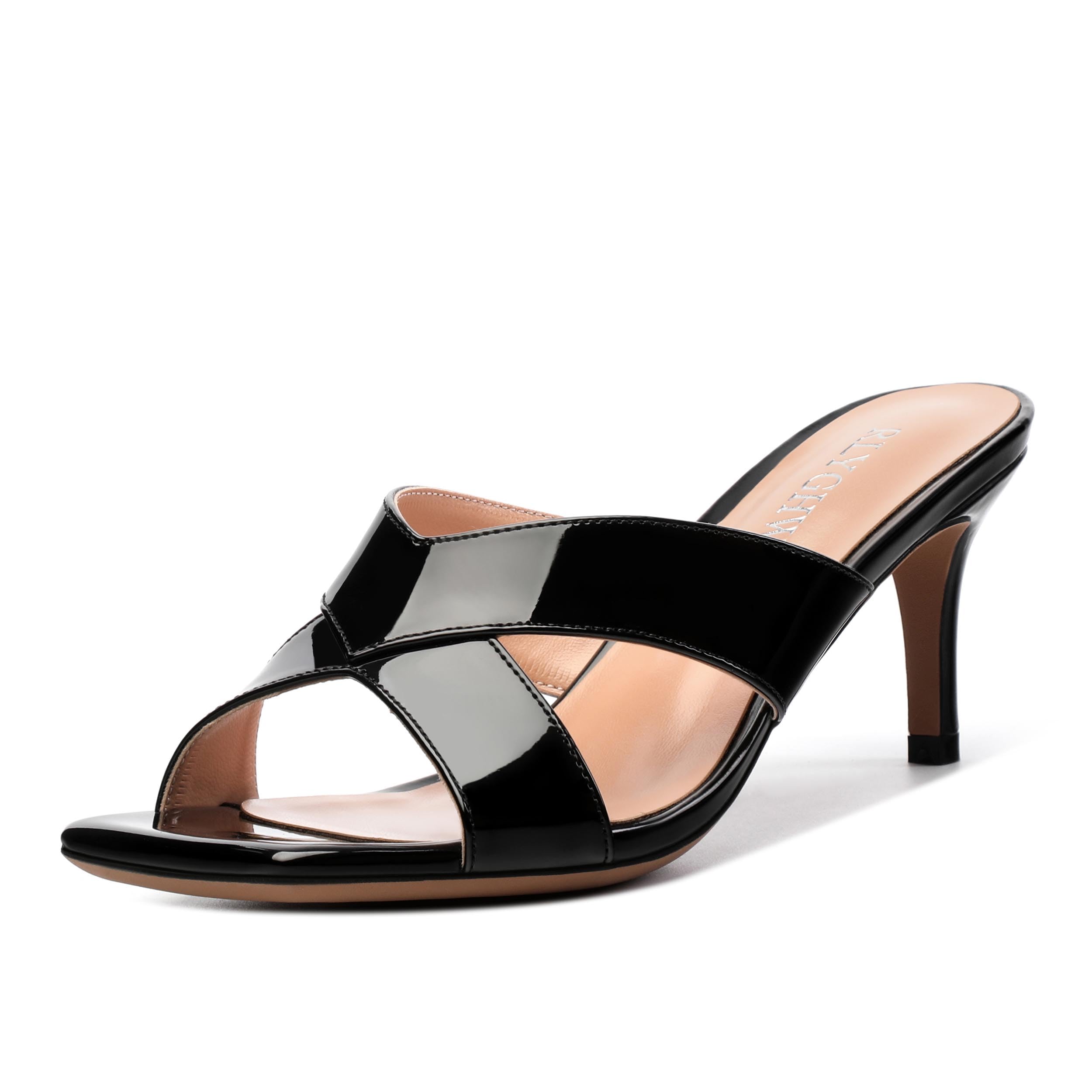 RLYGHWAO Womens Sandals, Open Square Toe Stiletto High Heels, Fashion Solid Patent Heeled Sandals