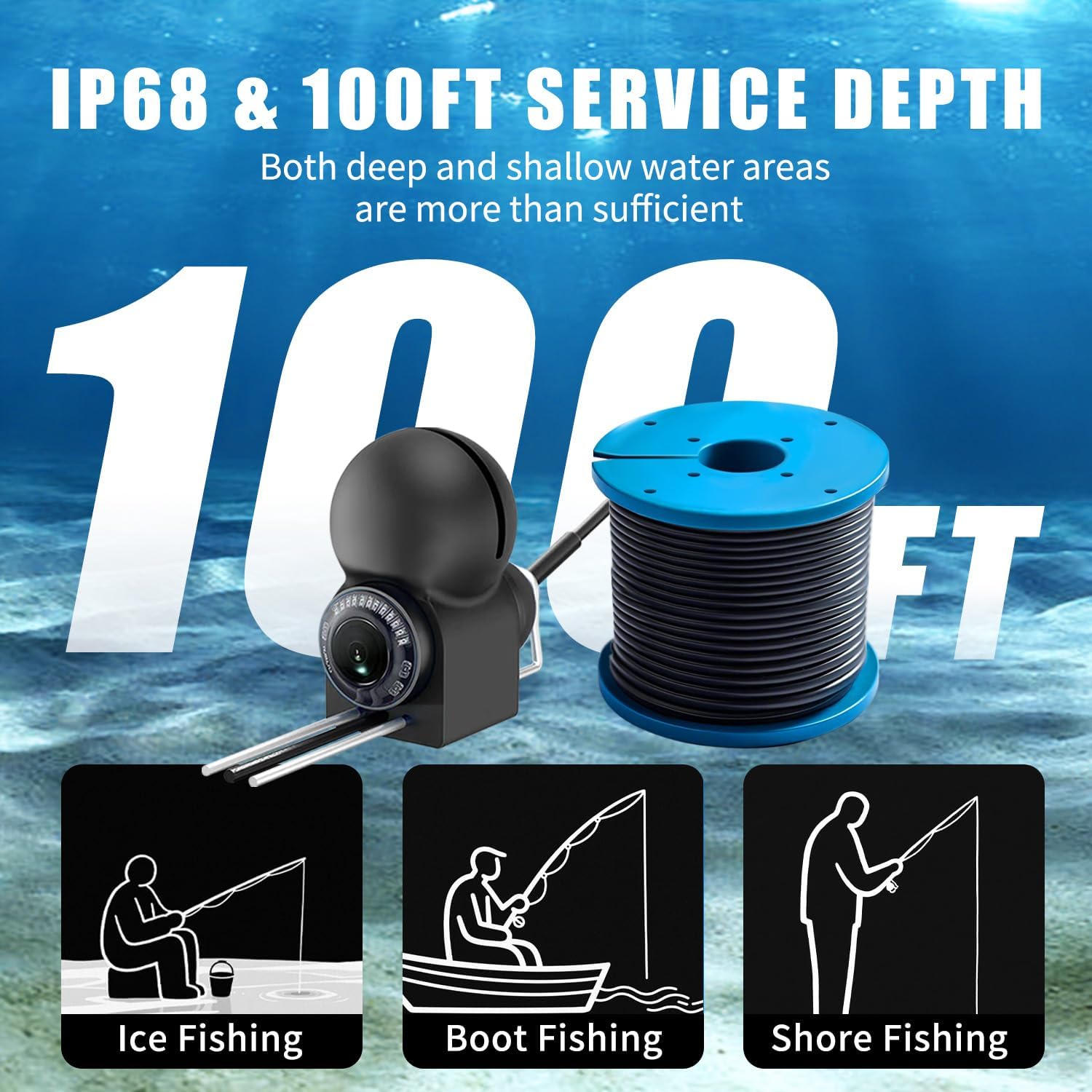 5" Underwater Fishing Camera, 1080P Upgraded HD Lens Ice Fishing Camera with 12pcs IR Lights, 8000mAh Li-Battery, IP68 Waterproof Fish Finder with 100ft Cable for Lake Sea Boat Kayak Fishing