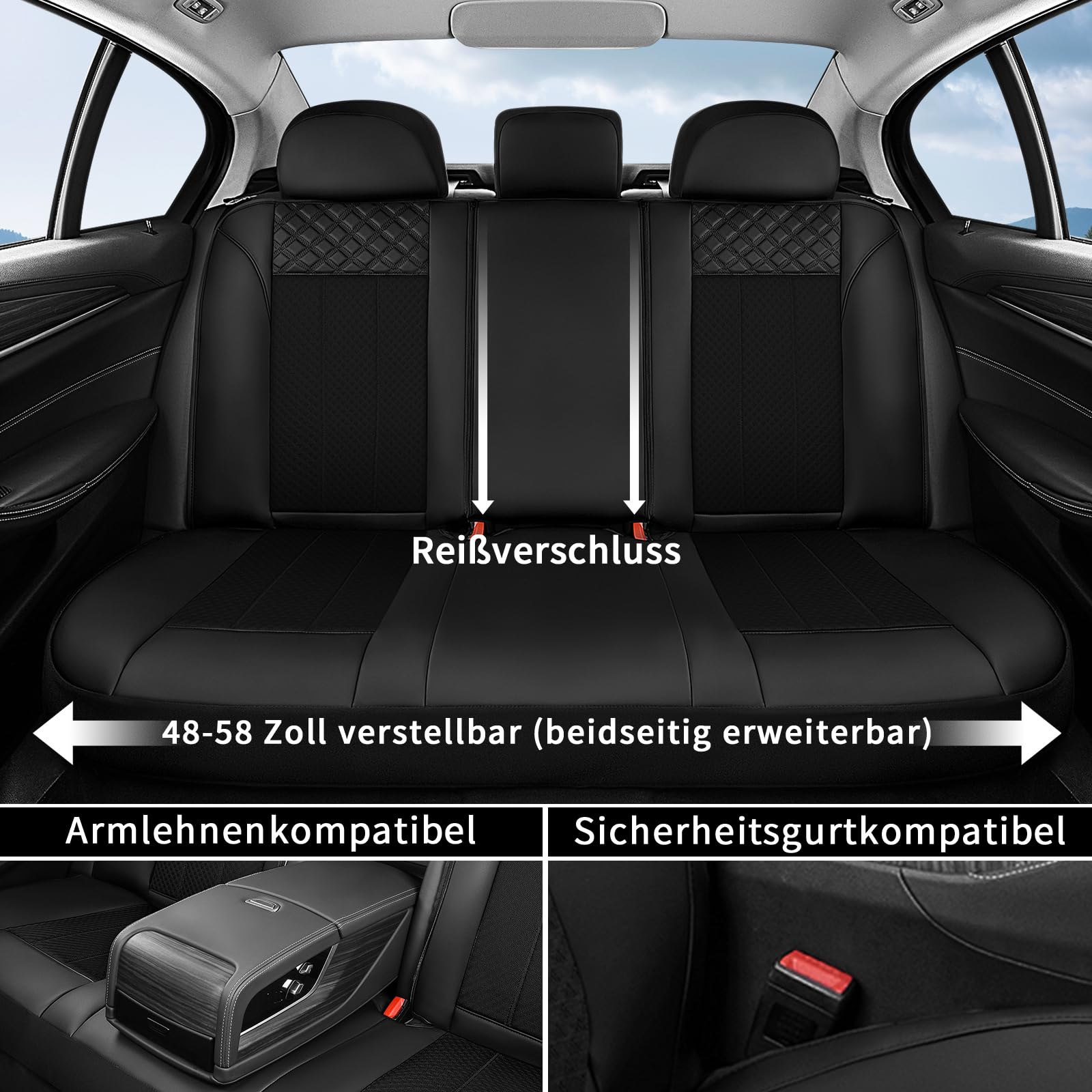 FLORICH Autositzbezüge Komplettset Vordersitzbezüge, PU Leder Air-Mesh Sitzbezüge Atmungsaktiver Sitzschutz Innenbezüge Universell Passend für die Meisten PKWs, SUVs (Komplettset, Schwarz)
