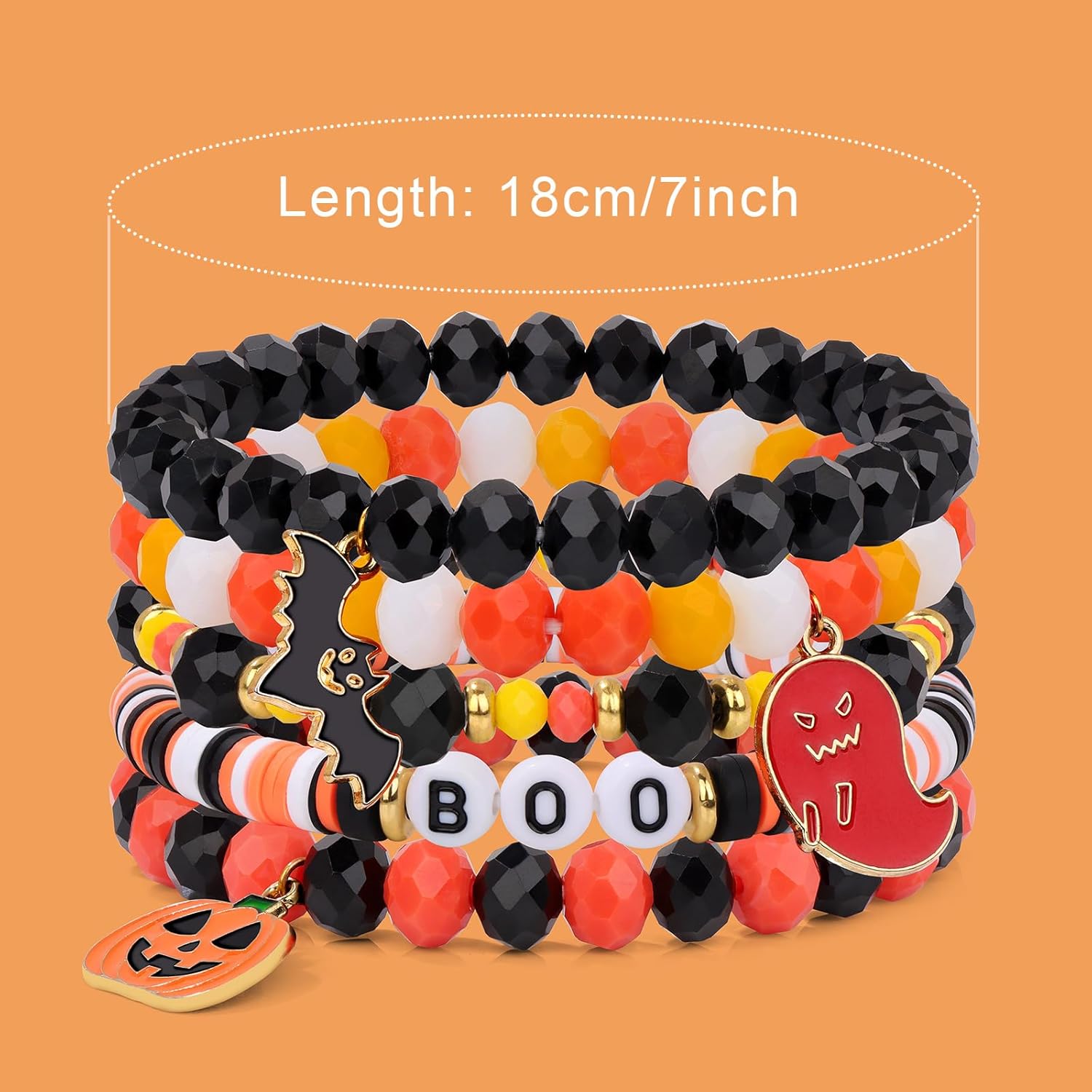 GolbalJew Halloween Beaded Bracelets for Women 7 Pcs Stackable Stretch Surfer Heishi Vinyl Disc Clay Bracelet Gifts Ghost Pumpkin Bat Charm Crystal Beads - Image 6