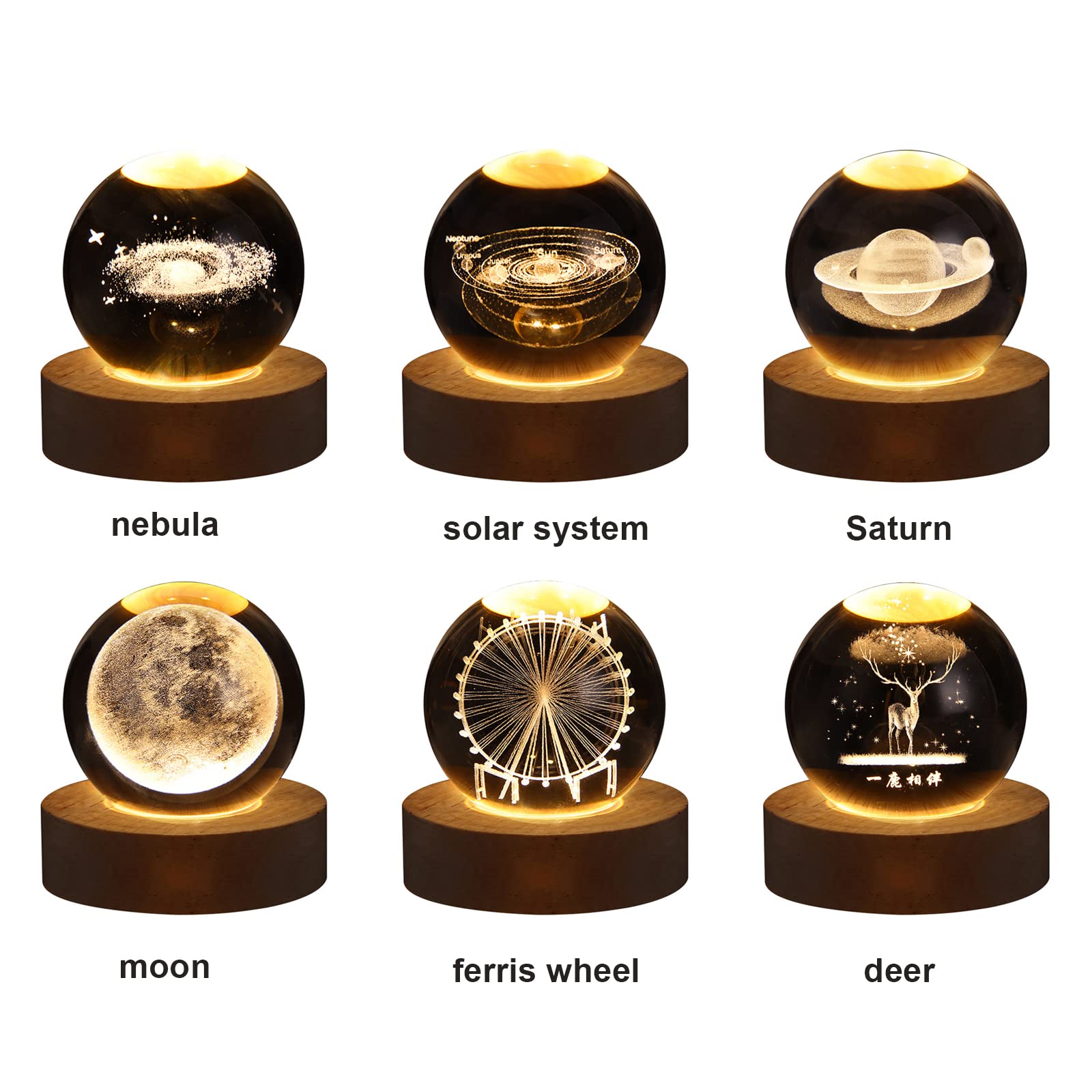 Boule De Cristal 3D - Lumière Chaude - Base En Bois - À Intensité Variable - Modèle Planète - Science, Astronomie - Globe D'apprentissage - Lampe De