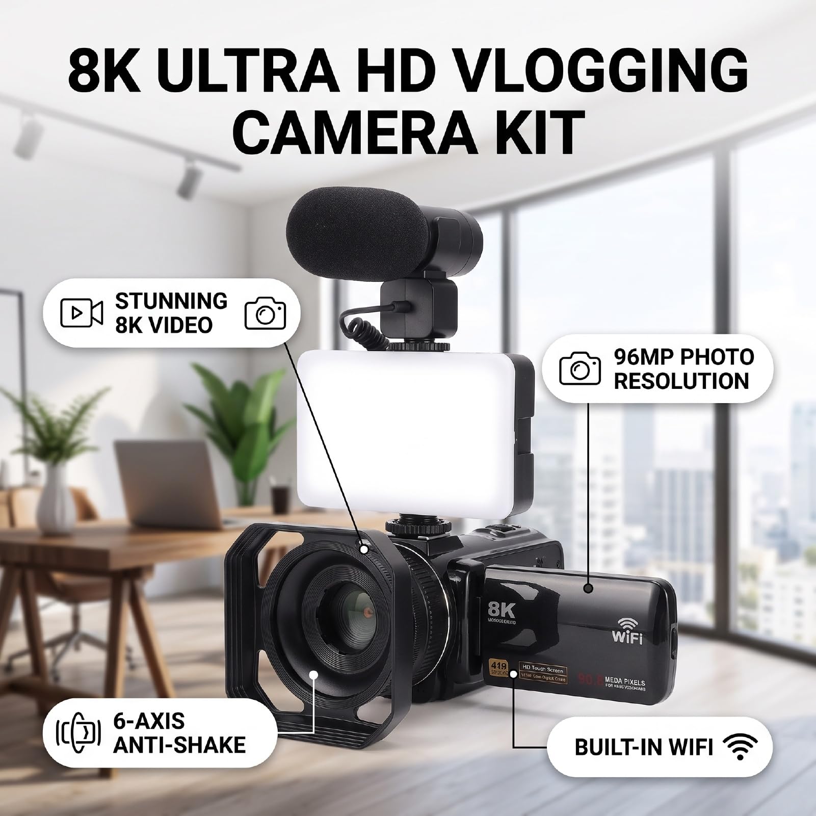 Elprico Caméra Vidéo 8K Caméscope Caméra Vlog WiFi 96MP avec Zoom 18X