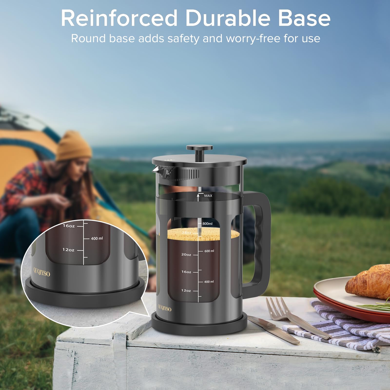 QUQIYSO Cafetera francesa de 34 onzas, prensa francesa de acero inoxidable 304 con 4 filtros, resistente al calor, duradera, fácil de limpiar, prensa de café de vidrio de borosilicato, tetera de