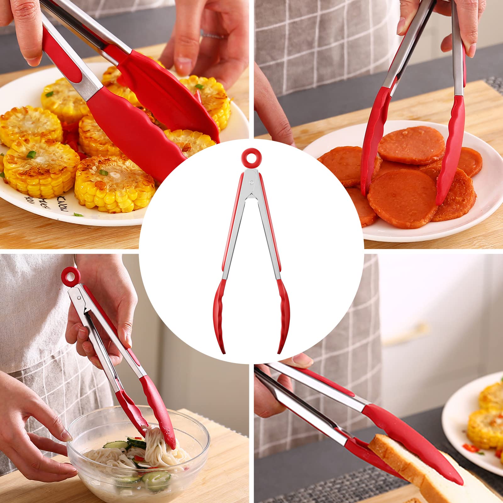 Newaner Pinces de cuisine en Acier inoxydable 9 pouces, Pinces à Barbecue avec embouts en silicone - Pince en silicone de qualité alimentaire - Avec cadenas et poignée antidérapante(Rouge
