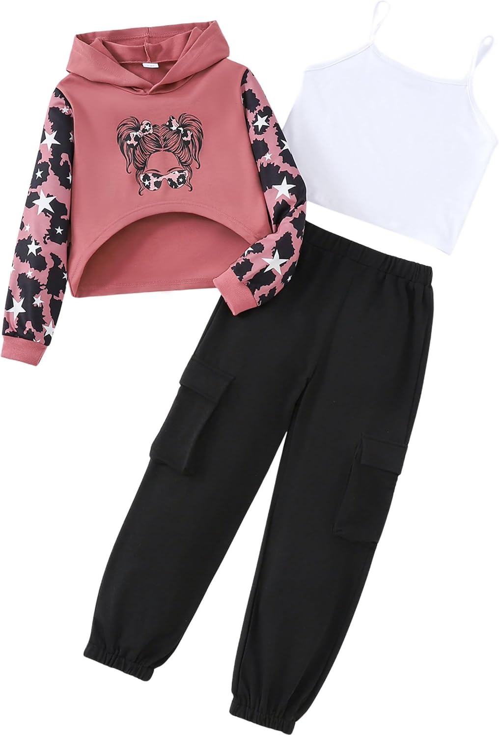 Girls 3 Piece Outfits Girl Workout Clothes Set Crop Tank Top and Sweatpants with Tracksuit Long Sleeve Hoodie 7-14Y