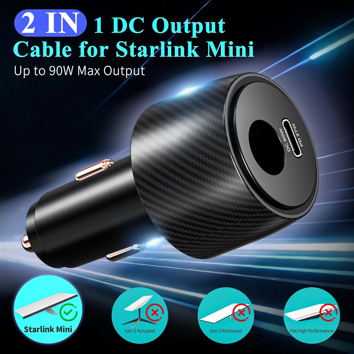 2 in 1 Starlink Mini Car Adapter 12V to 24V DC Step Up Converter, 6.5FT 20AWG Starlink Mini Cable with Cigarette Lighter Adapter 60W DC + 27W PD Car Power Supply for RVs, Boats, Trucks