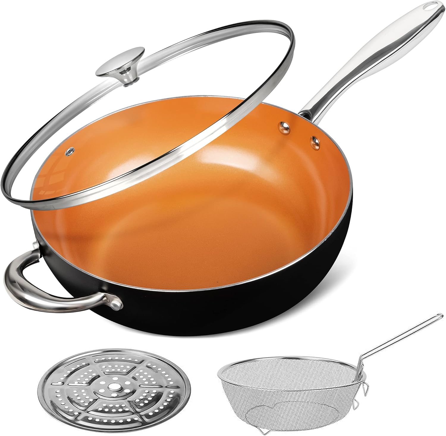 MICHELANGELO Wok Non Stick with Lid 28cm, Non Stick Wok with Lid