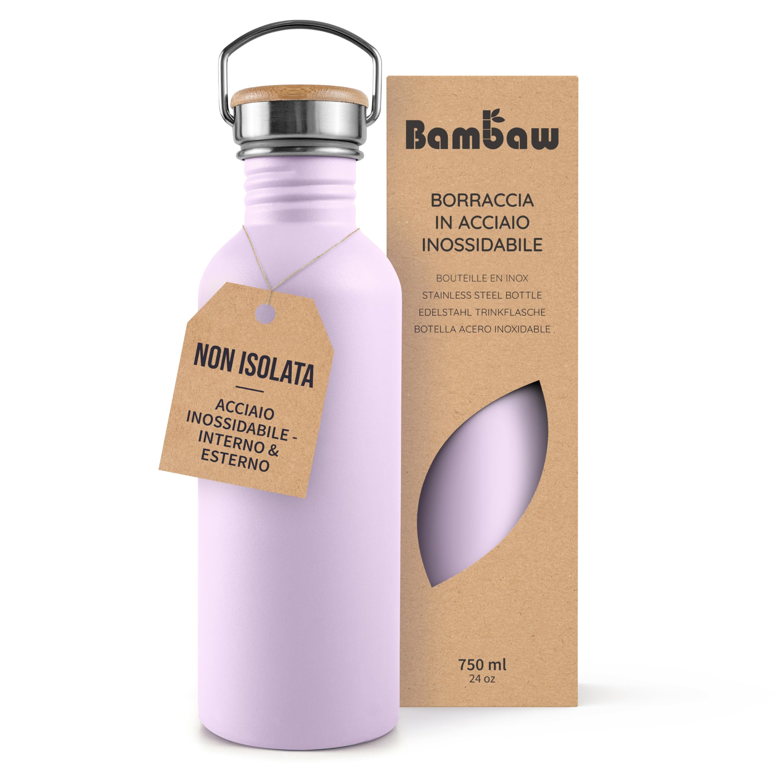 Bambaw Borraccia Sportiva In Acciaio Inox, 750 Ml, Colore Viola, Non Isolante, Senza Bpa, Lilla Chiaro-image
