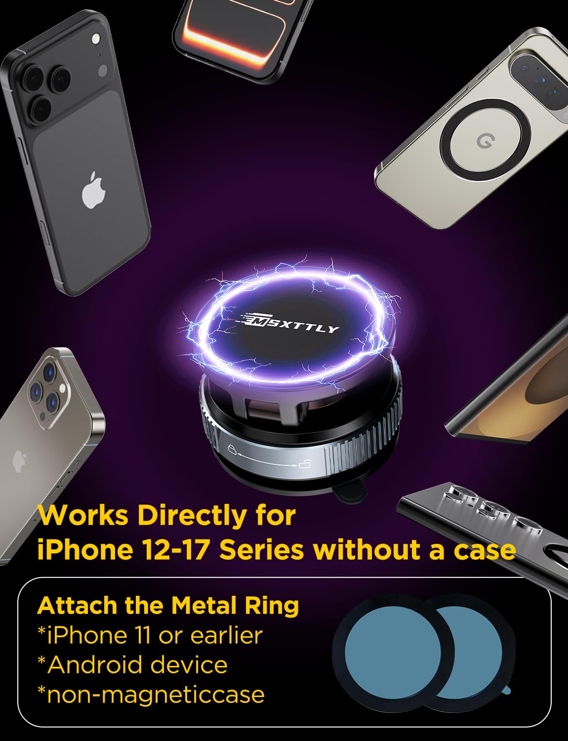 MSXTTLY Magnetyczny Uchwyt Samochodowy na Telefon do MagSafe, 2026 Ulepszony Vmag-S2, Magnetyczny Uchwyt do iPhone 17 Pro Max 16–12 i Android, Czarny
