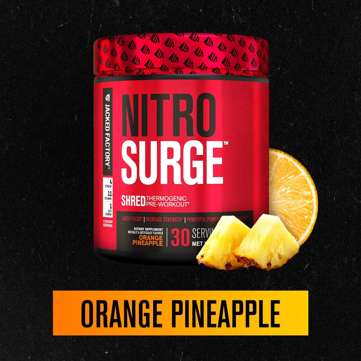 Jacked Factory NITROSURGE Shred Pre Workout Supplement - Energy Booster, Instant Strength Gains, Sharp Focus, Powerful Pumps - Nitric Oxide Booster & PreWorkout Powder - 30Sv, Orange Pineapple image 3 of 9 B07WK4HV34