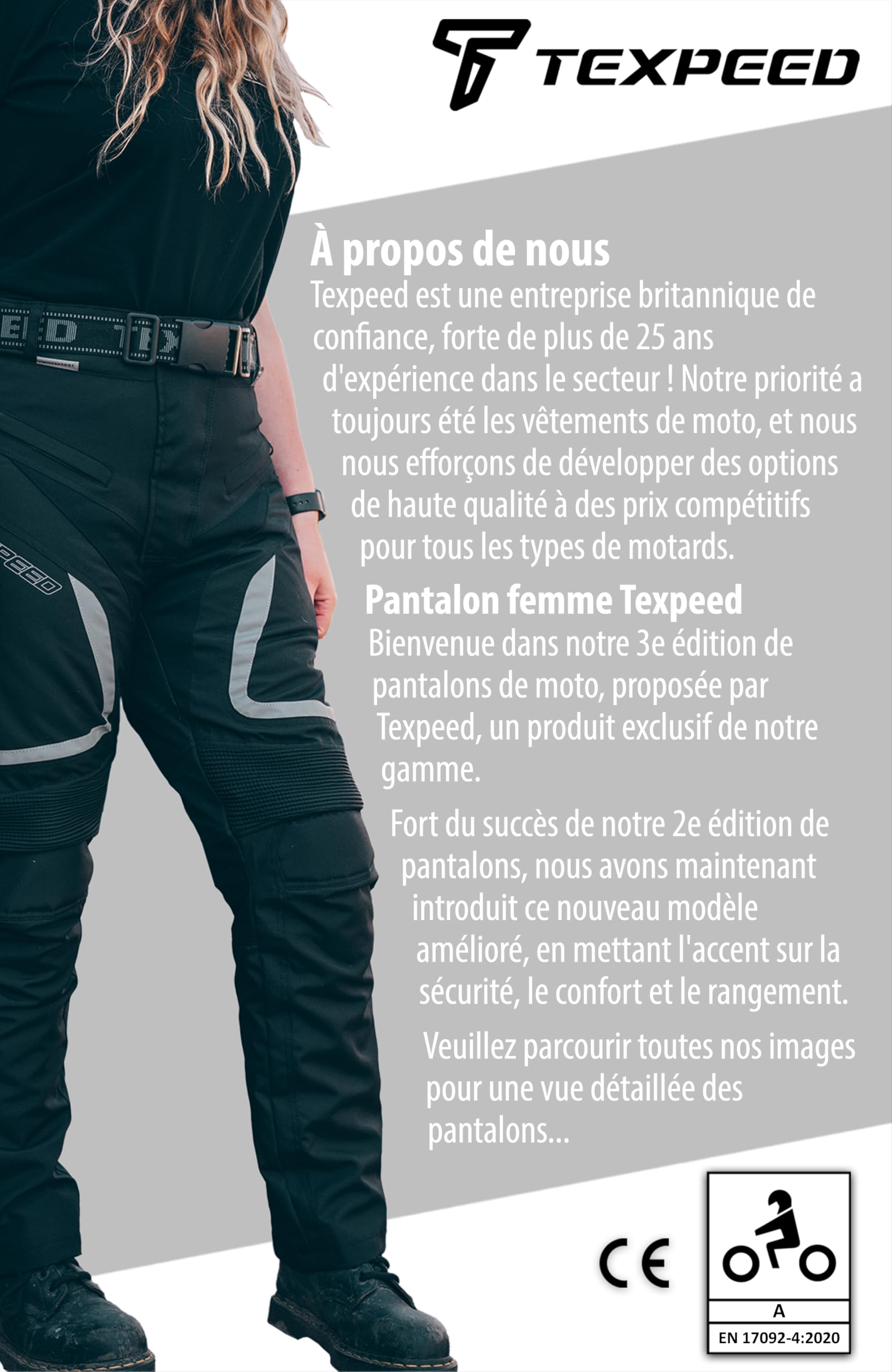 Texpeed Pantalon Moto Femme Homologué - Textile Scooter Imperméable Pour été ou l'hiver - Armure certifiée CE (EN 1621-1) Protection Noir - 5XL Taille/Réguliére Jambe
