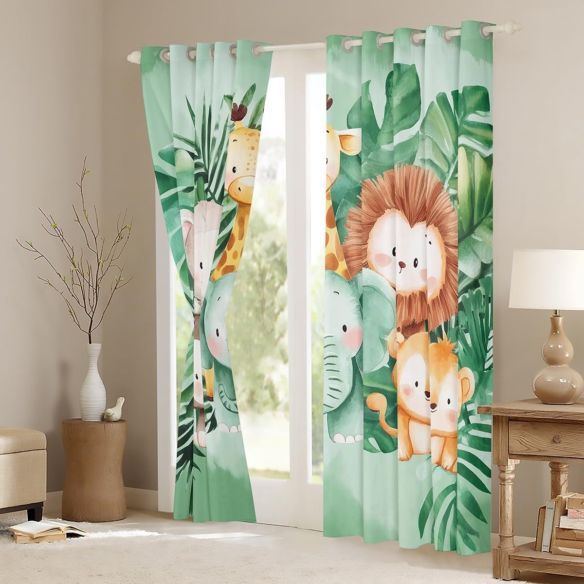 Cute Animals Window Curtain Kids,Cartoon Elephant Tiger Monkey Curtains for Boys Girls Child Bedroom Decor,Tropical Palm Leaf Window Treatment Curtain Wild Animals Plants Window Drapes,52Wx84L
