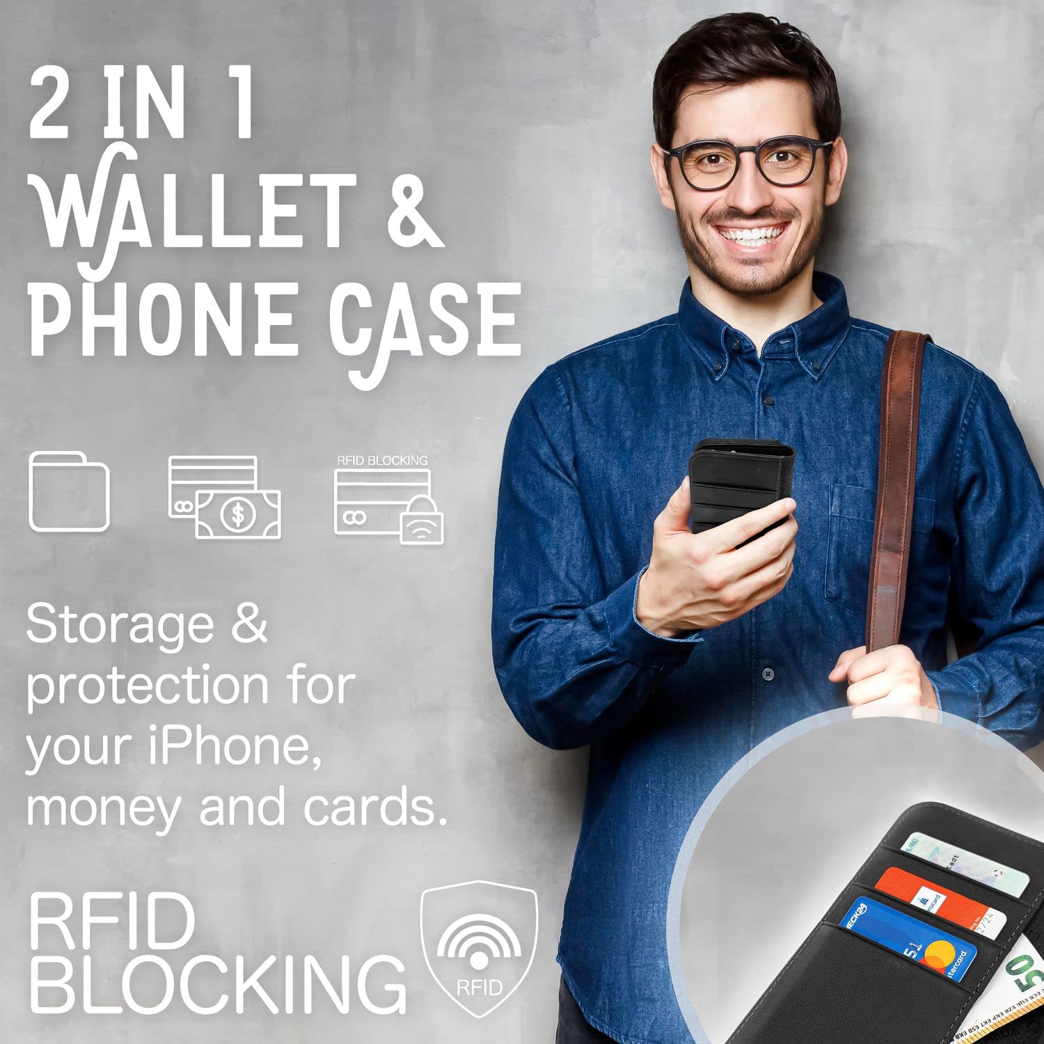 NALIA Cover In Vera Pelle Per IPhone 14 Plus Con Protezione RFID, Slot Carte E Funzione Stand - Fatto A Mano, Colore Nero - 3