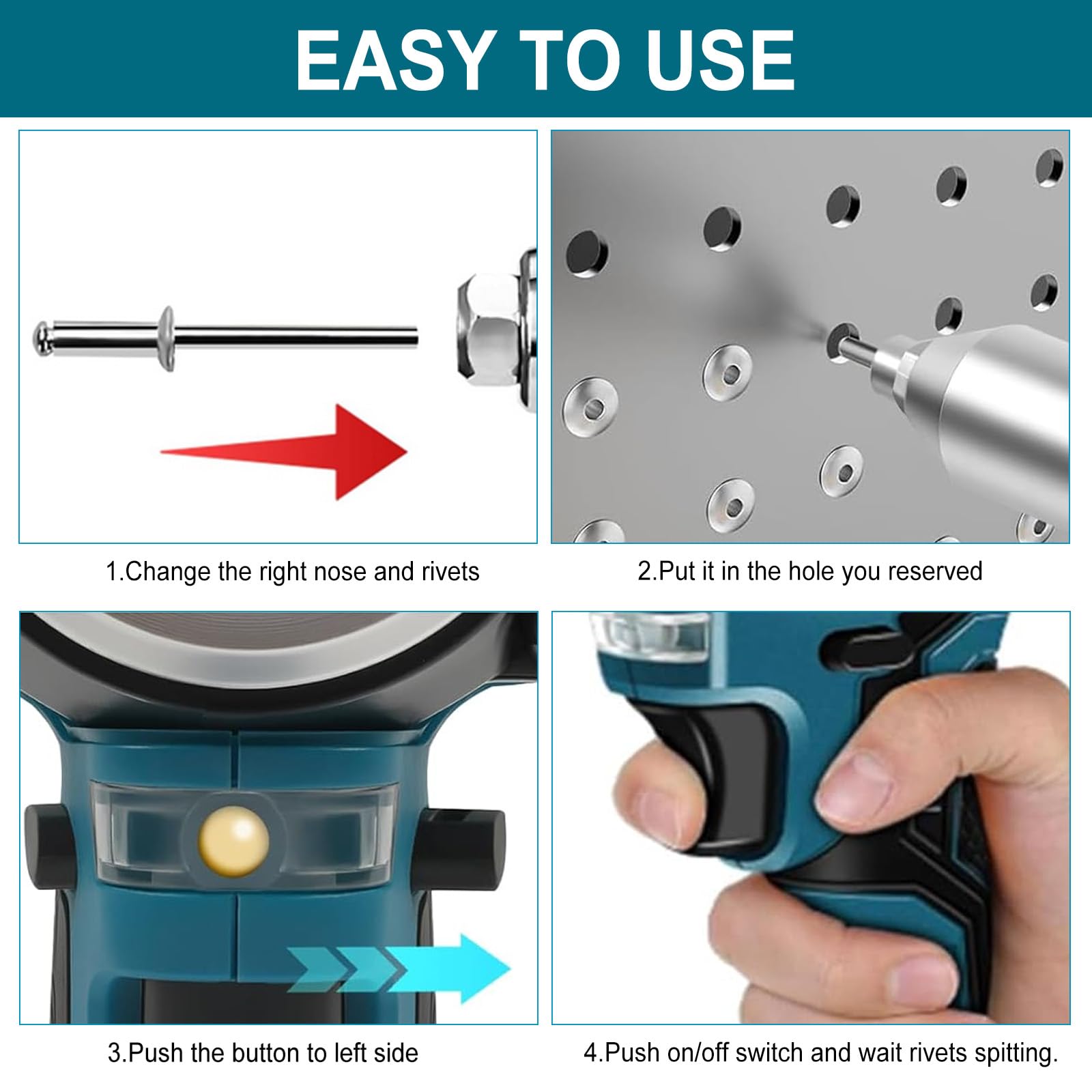 Pince à riveter sans fil compatible avec Makita 21 V 10 000 N Pince à riveter électrique sans balais avec 2 pinces à rivets pop portables de 1 300 mAh pour rivets aveugles de 2,4 à 4,8 mm