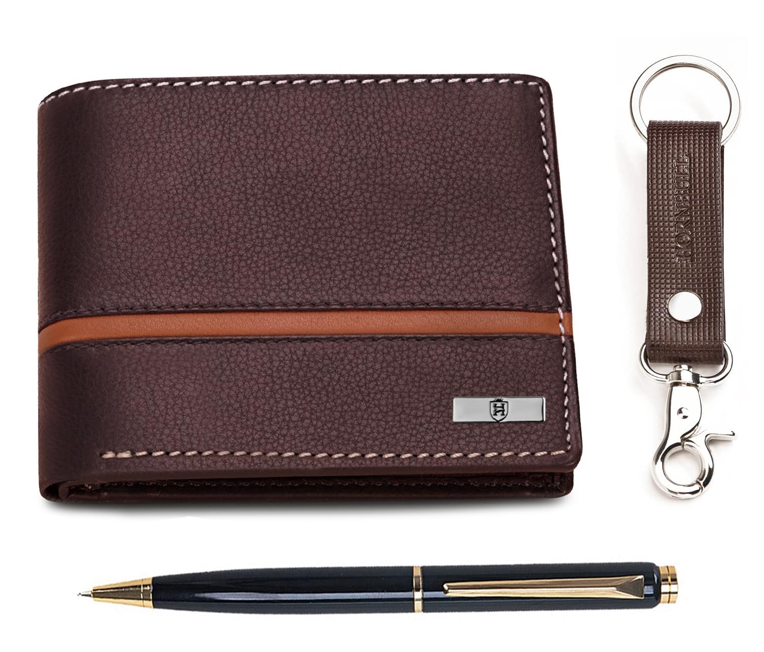 Denial Mens Leather Wallet Combo Gift Set | Leather Wallet, Key Ring & Pen Combo Valentine Gift Hamper | Branded Mens Wallet (Brown)