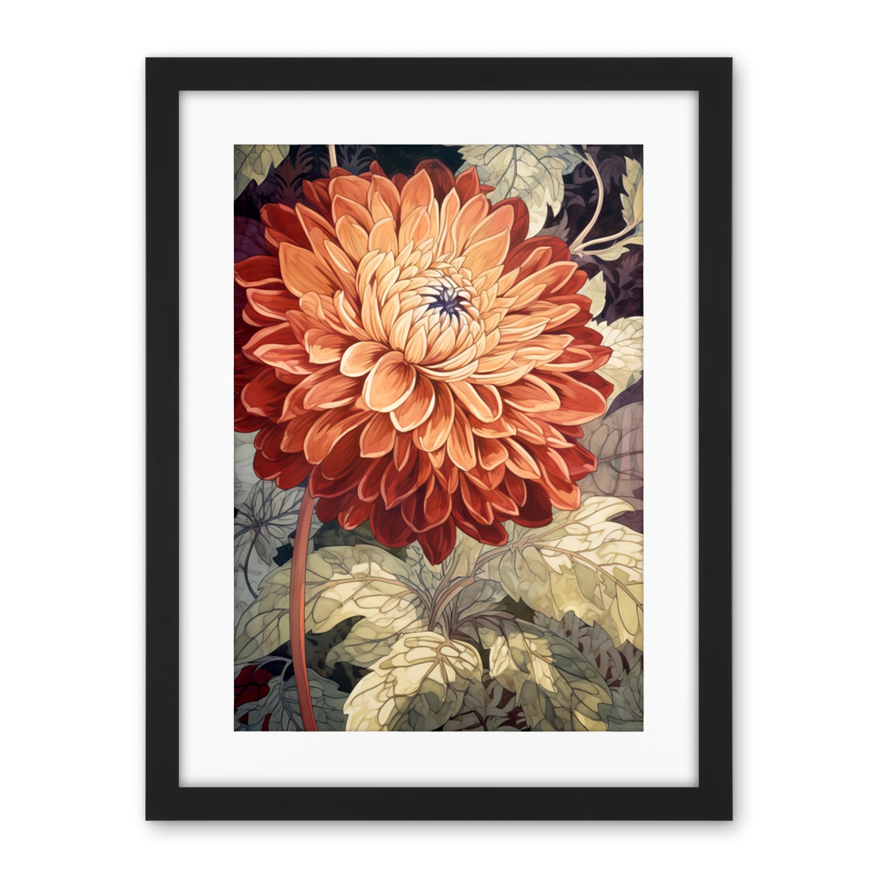 Artery8 Orange Dahlia Flower Watercolour Illustration Artwork Framed Wall Art Print 18X24 Inch