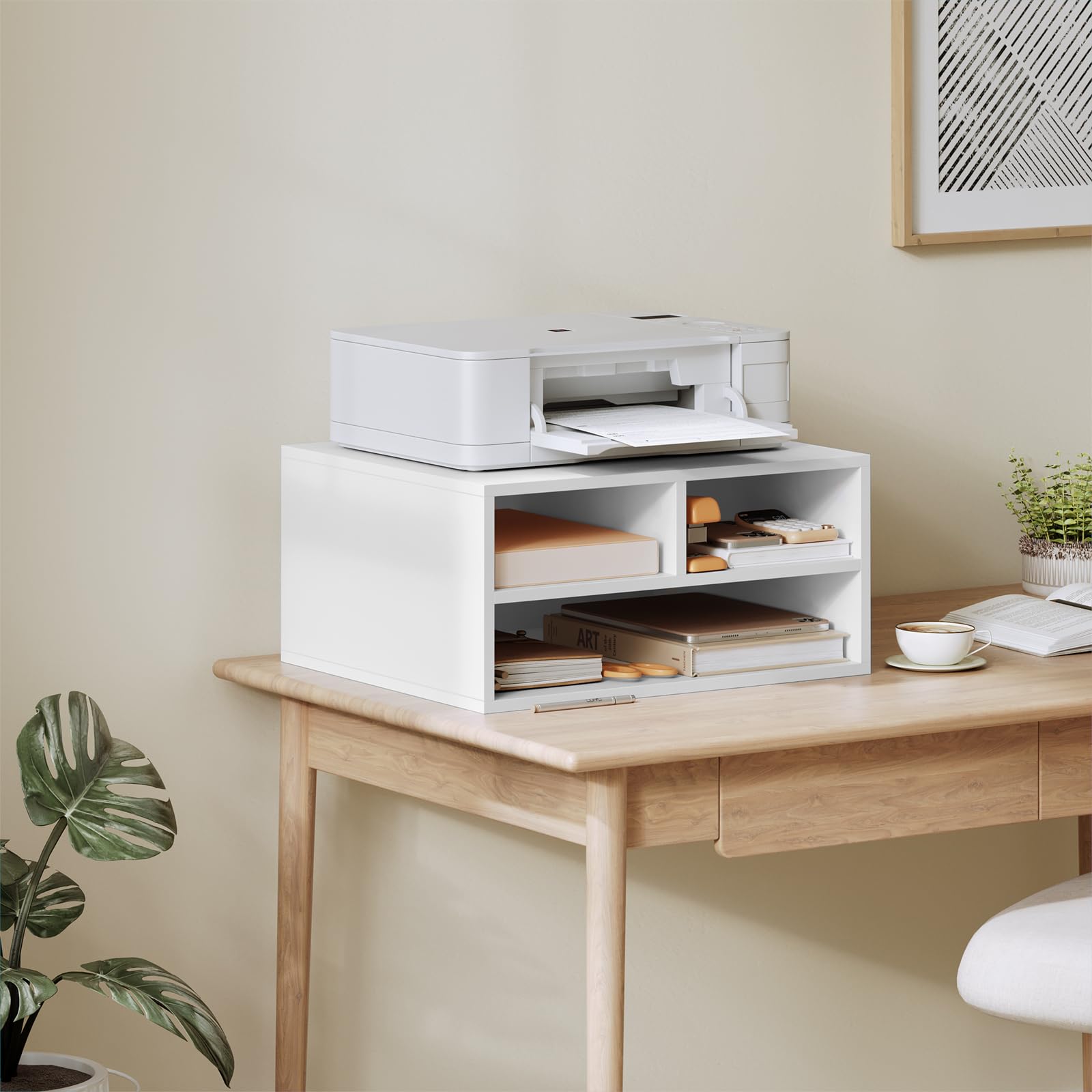 WOLTU Schedario da Ufficio a 2 Livelli con Custodia, Porta Stampante da Scrivania in Legno con 3 Scomparti per l'Ufficio, 47x40x22,5cm, Bianco, ASK15ws