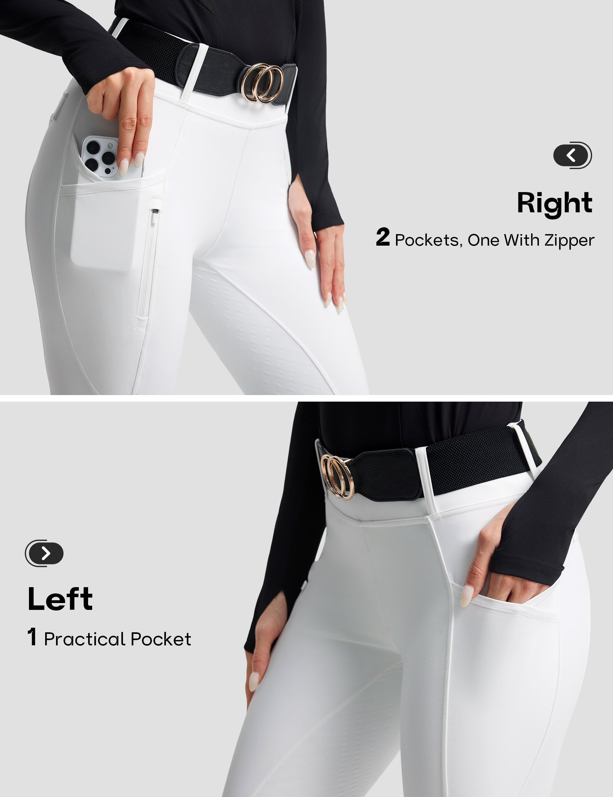 FitsT4 Sports Pantalones de equitación para mujer, de silicona, elásticos, con 3 bolsillos laterales y trabillas para cinturón
