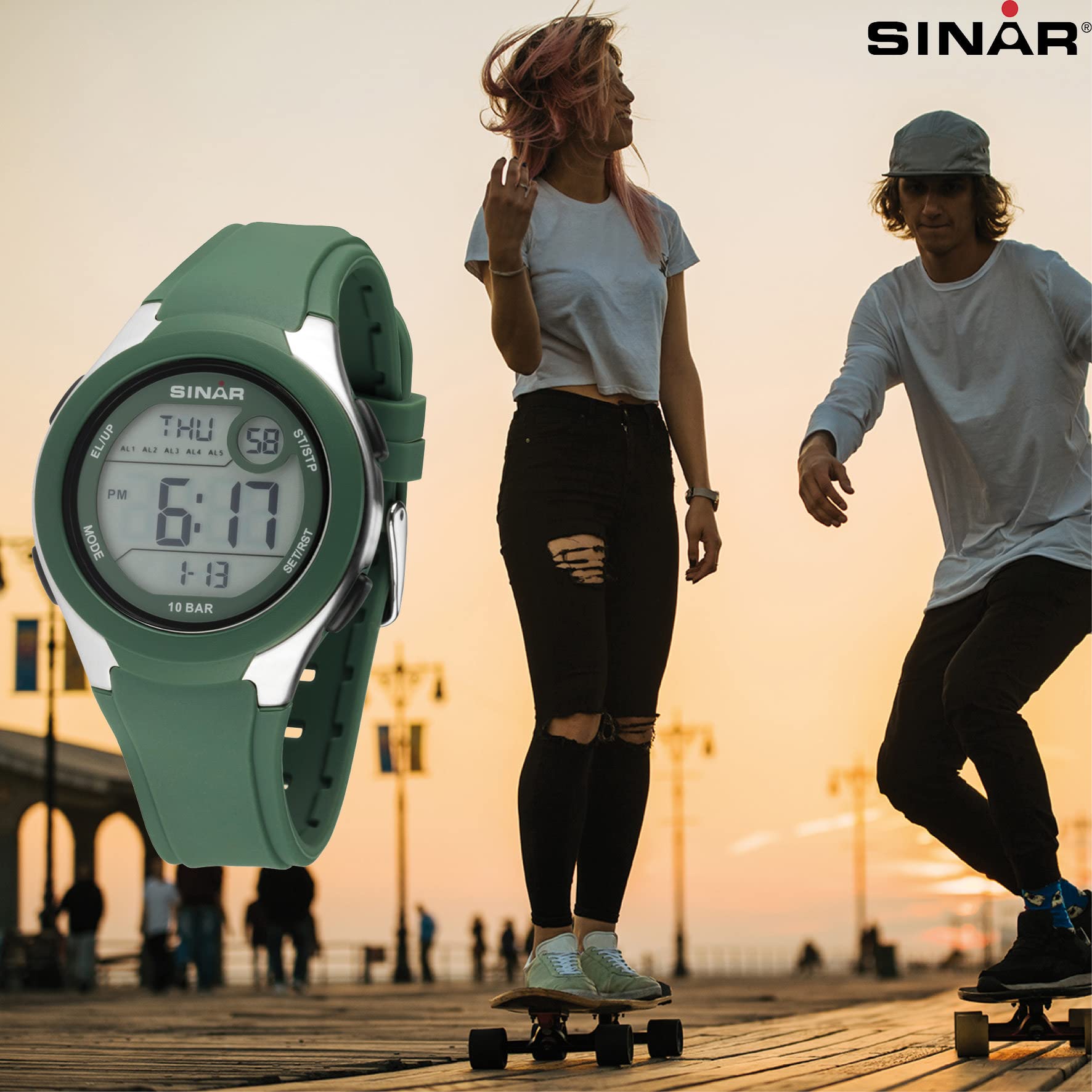 SINAR Zegarek damski męski młodzieżowy zegarek na rękę unisex zegarek sportowy outdoor cyfrowy kwarcowy 10 bar z silikonowym paskiem, 5 alarmów i światła khaki zielony XV-19-3