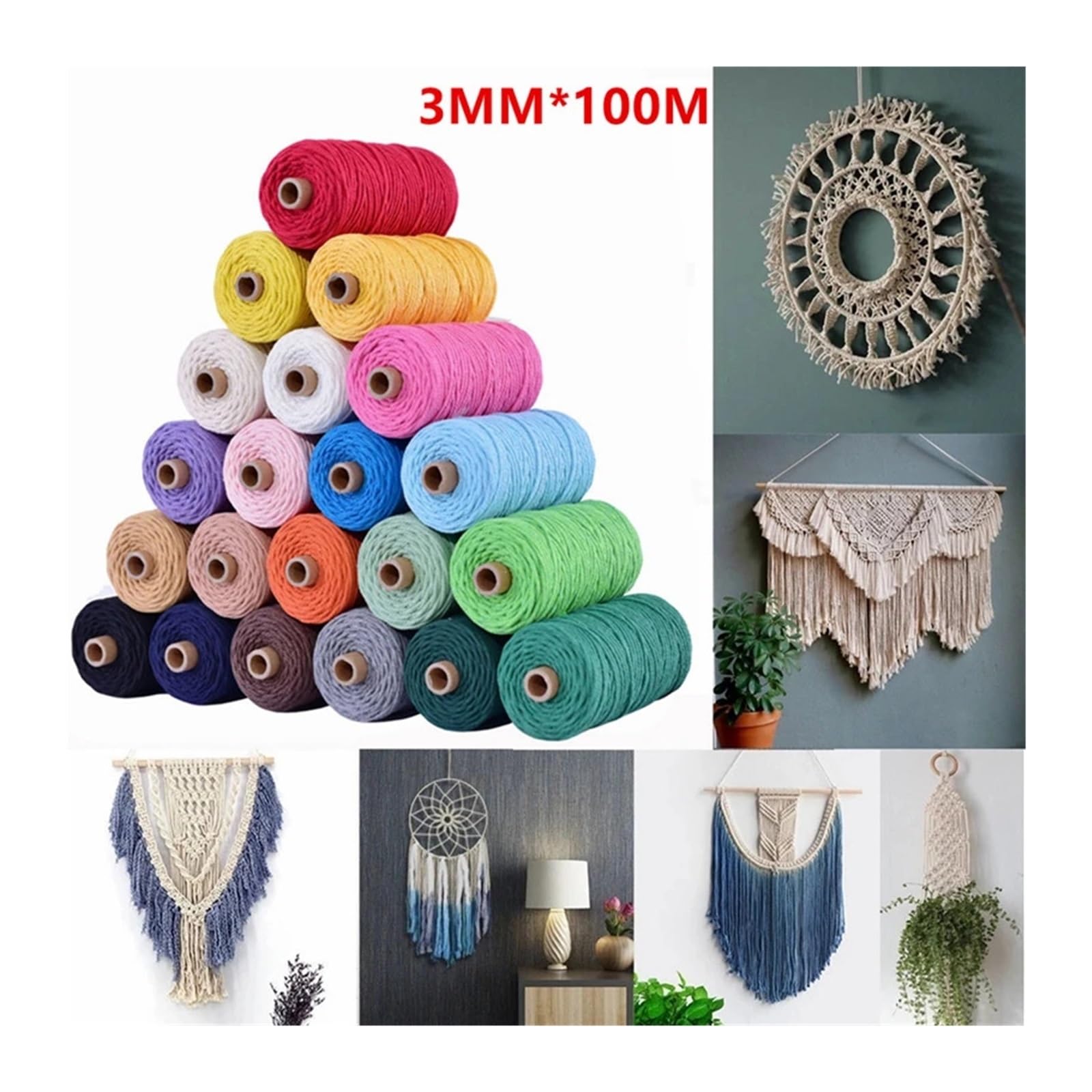 Lina, pleciona lina, 3mm * 100m wielokolorowa lina bawełniana DIY ręcznie tkany sznurek gobelinowy(Light Green)