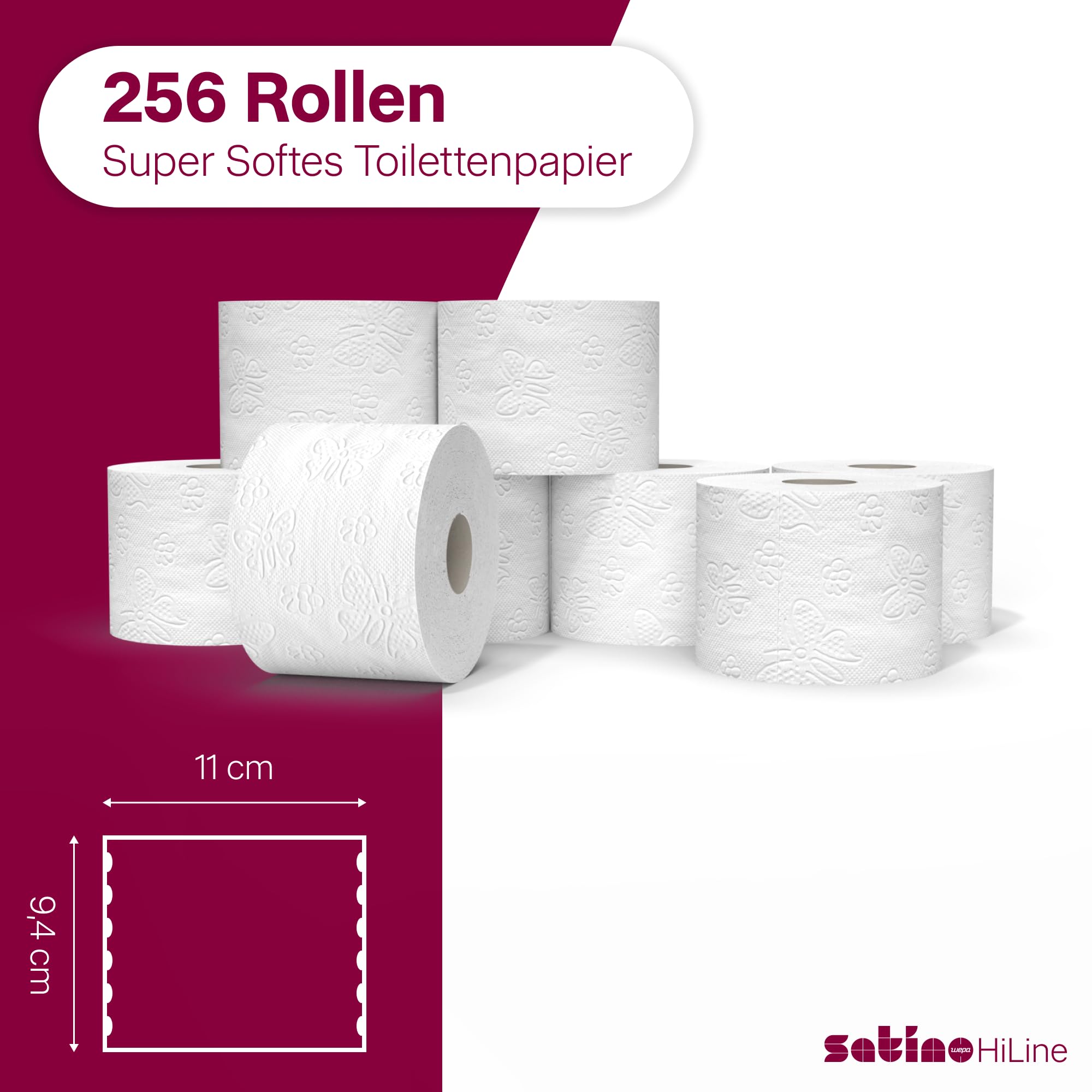 128 Rollen Toilettenpapier 3-lagig – aus 100% Zellstoff - Made in Germany - 16 Packs á 8 Rollen á 150 Blatt – für Zuhause, Hotels, Gastronomie, Gewerbe, Industrie - Satino