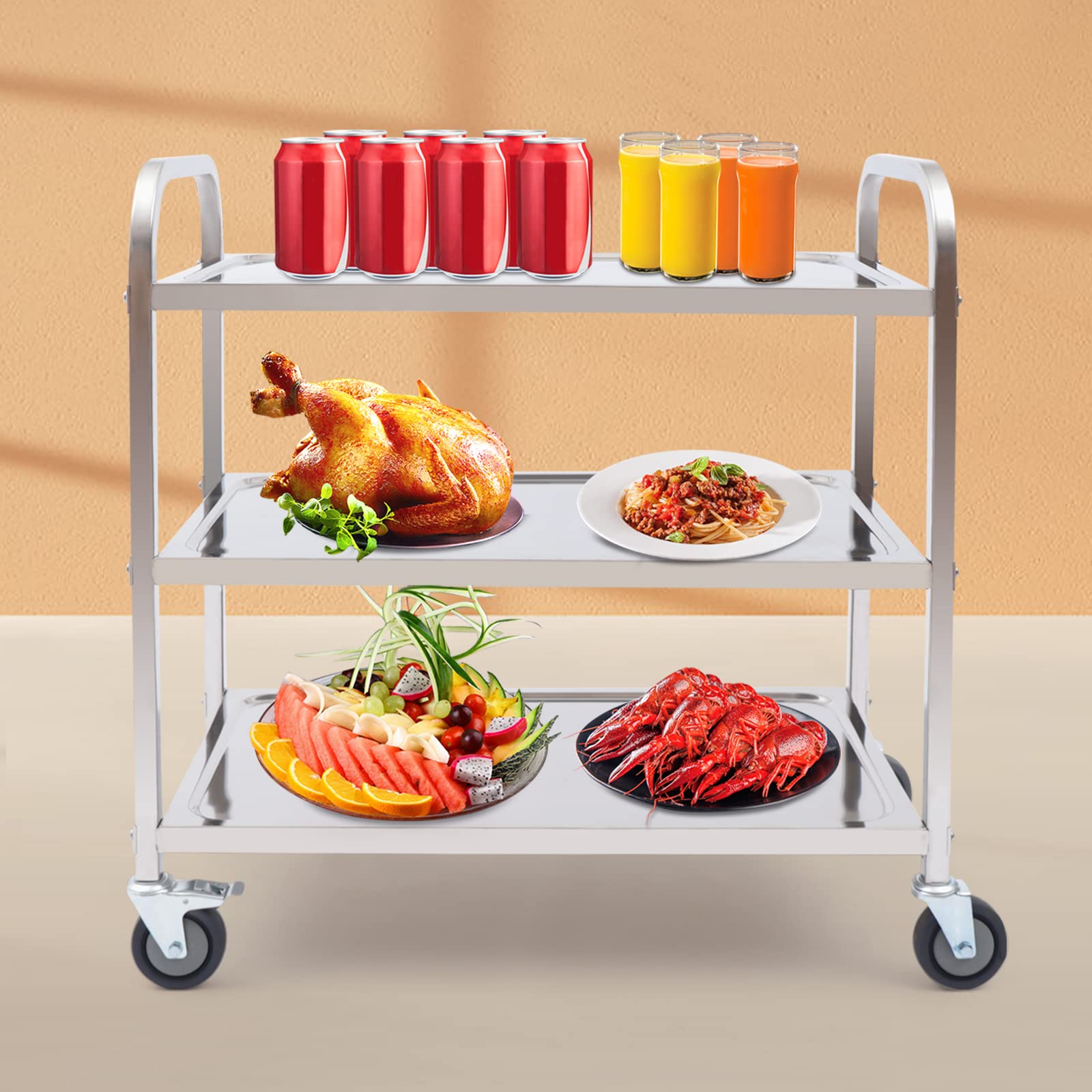 Carrello da portata con ruote, in acciaio inox, 3 ripiani con ruote, carrello da cucina in acciaio inox, 75 x 40 x 83,5 cm, per ristoranti, biblioteche, cucine, soggiorno, camera da letto