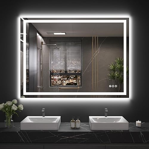 Miniatura 195 de Espejo LED de baño, 36 x 36 pulgadas con luz frontal y retroiluminada, antiniebla, espejo de tocador de baño para pared, función de memoria