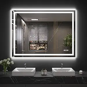 48"X32" LED Bathroom Mirror with Front Lights and Backlit, Anti-Fog, Dimmable, Shatter-Proof Tempered Glass, Lighted Bathroom Vanity Mirror for Wall with 3 Colors, Memory Function