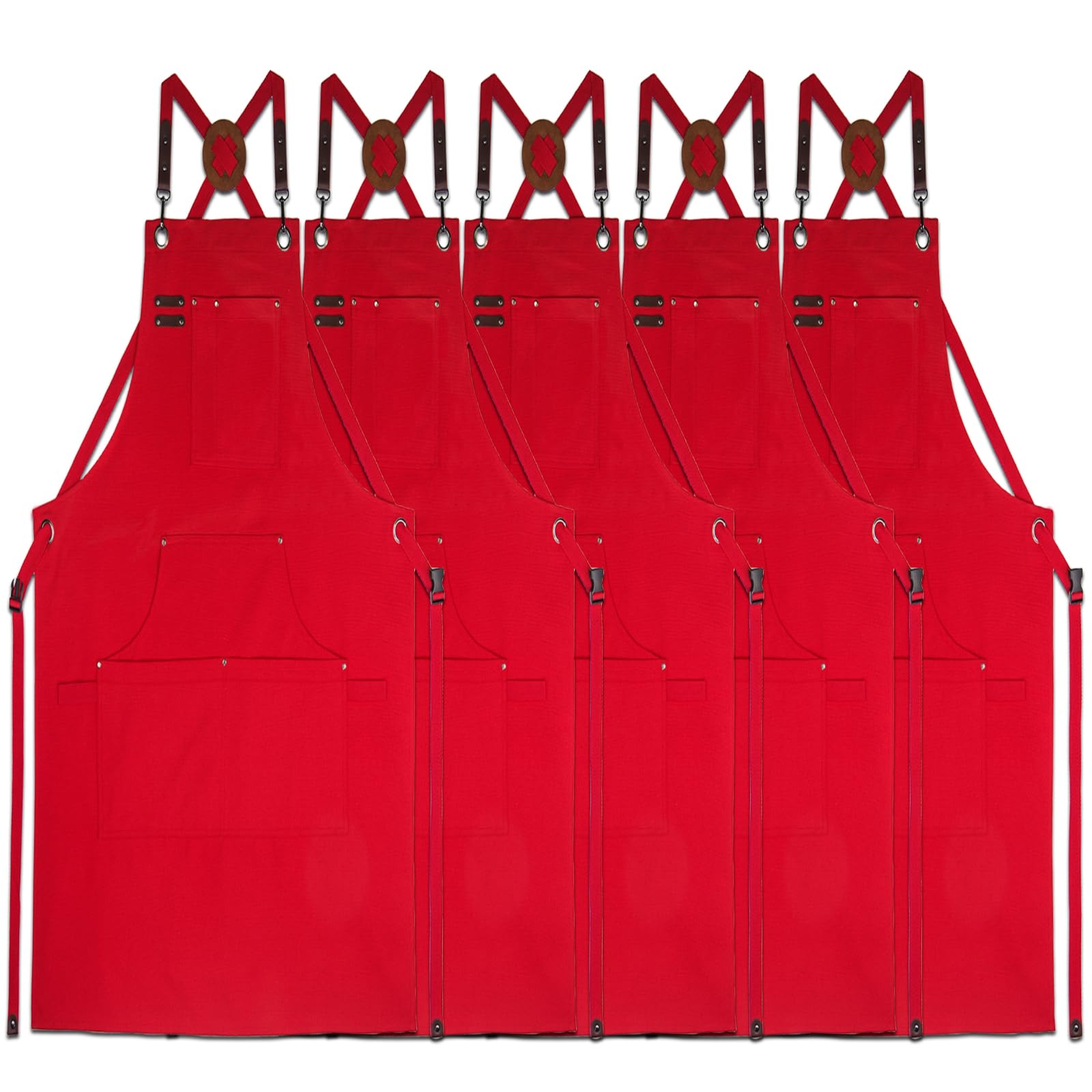 Stenffy 5Pack Work Apron for BBQ, Cafe, Kitchen, Painting, Carpenter, Artist, Aprons for Men Women, Sizes M to XXL, Red