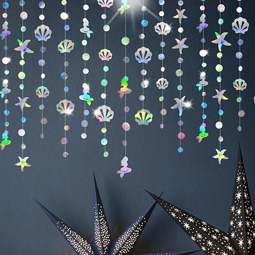 Miniatura 2 de Decoración iridiscente de sirena bajo el mar para fiesta con estrella de mar y perlas de mar holográfica serpentina de papel para sirenita arco iris