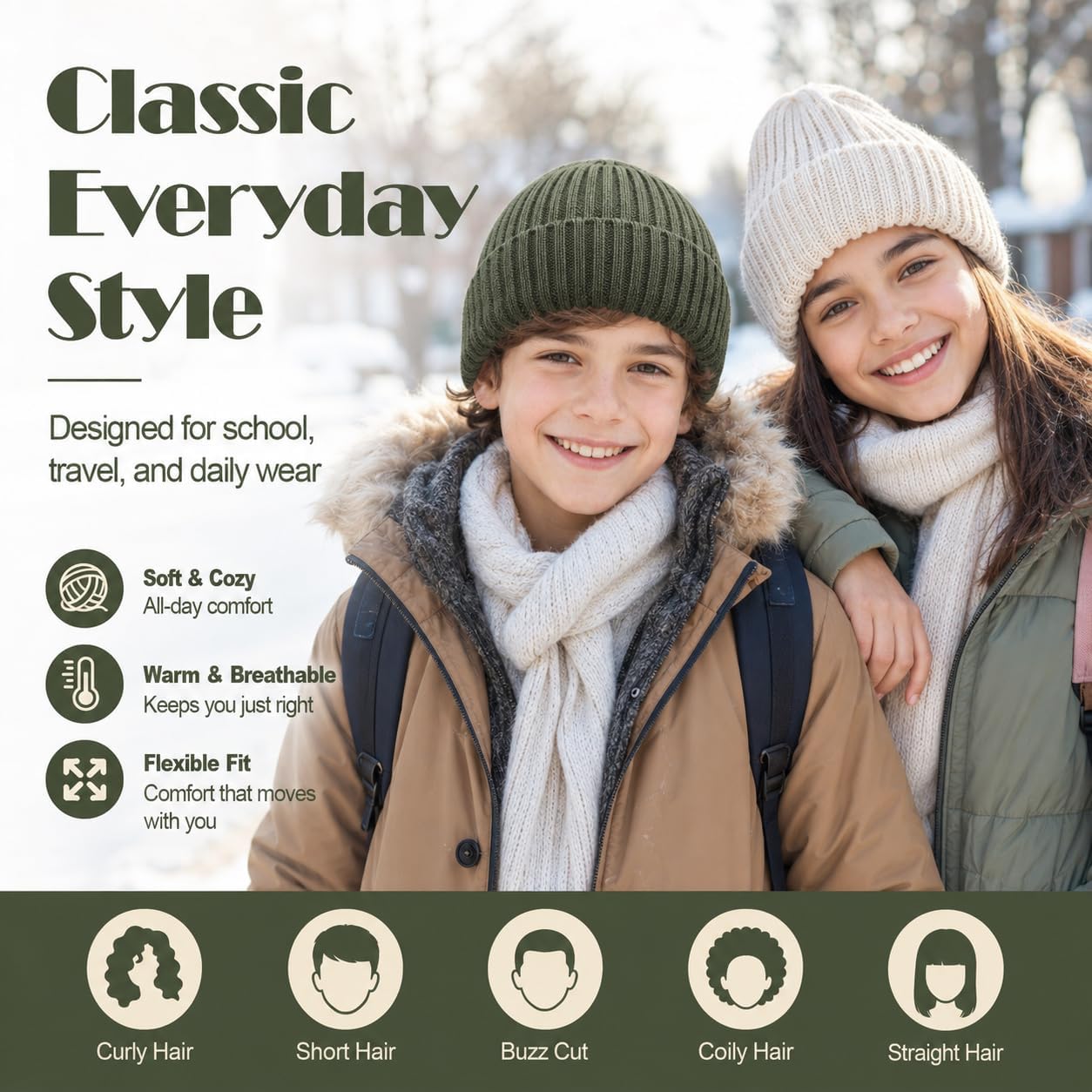 Kids Merino Wool Beanie Hat,Unisex Children Warm Winter Cuffed Ski Caps Classic Knitted Skull Caps for Boys Girls 7-14Y