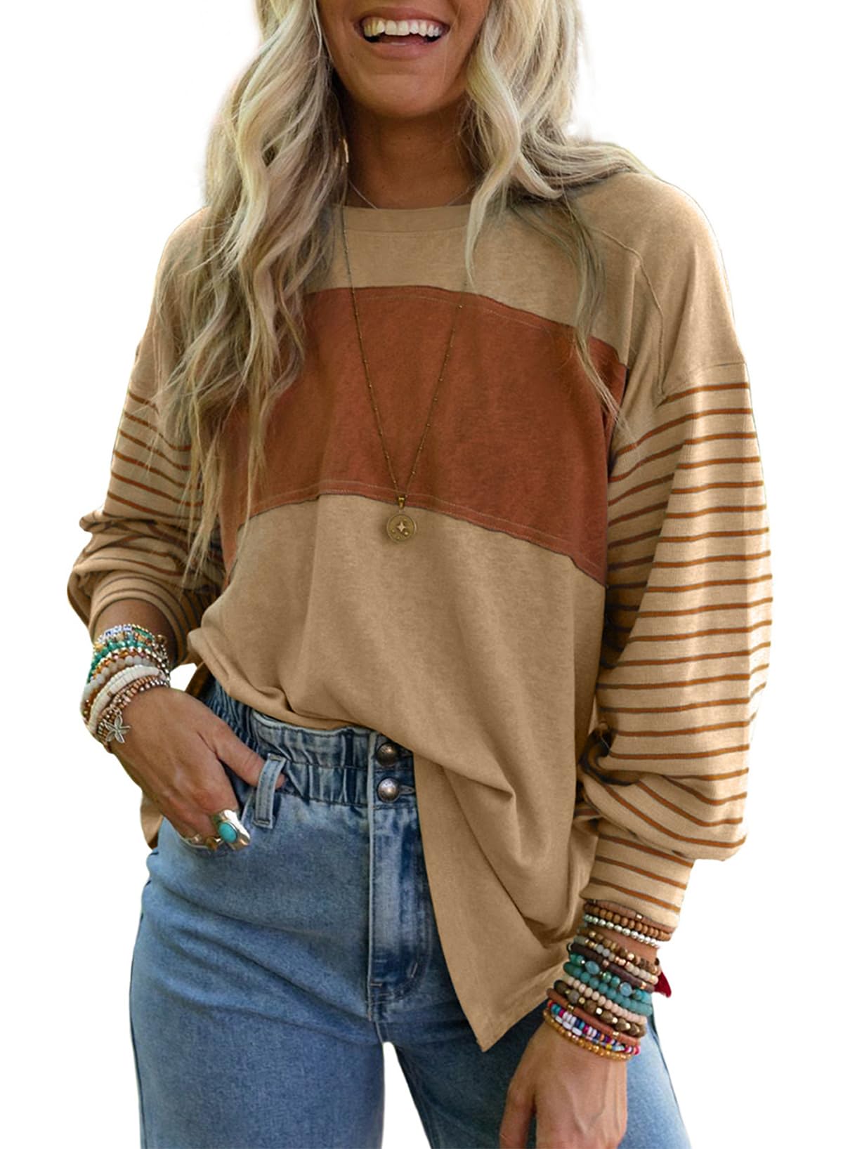 onlypuff Womens Long Sleeve Shirts Fall Tops Color Block Striped T Shirts Tunic Tops Oversized Crew Neck Tees