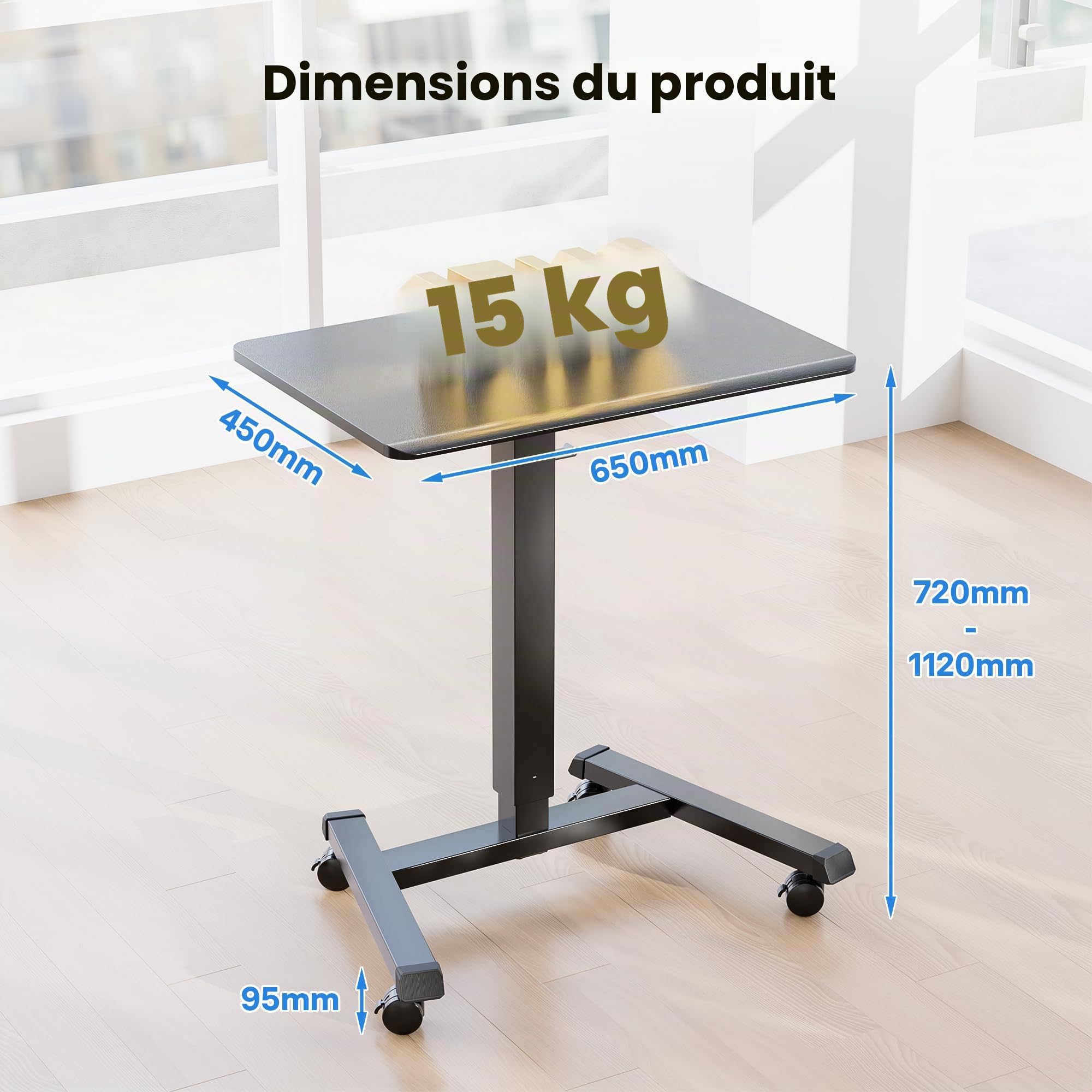 BONTEC Bureau Mobile Réglable en Hauteur, 65 × 45 cm, Table de Lit avec roulettes Verrouillables, Poste de Travail Assis-Debout pour Salon, Chambre, Bureau, Charge Maximale 15 kg, Noir