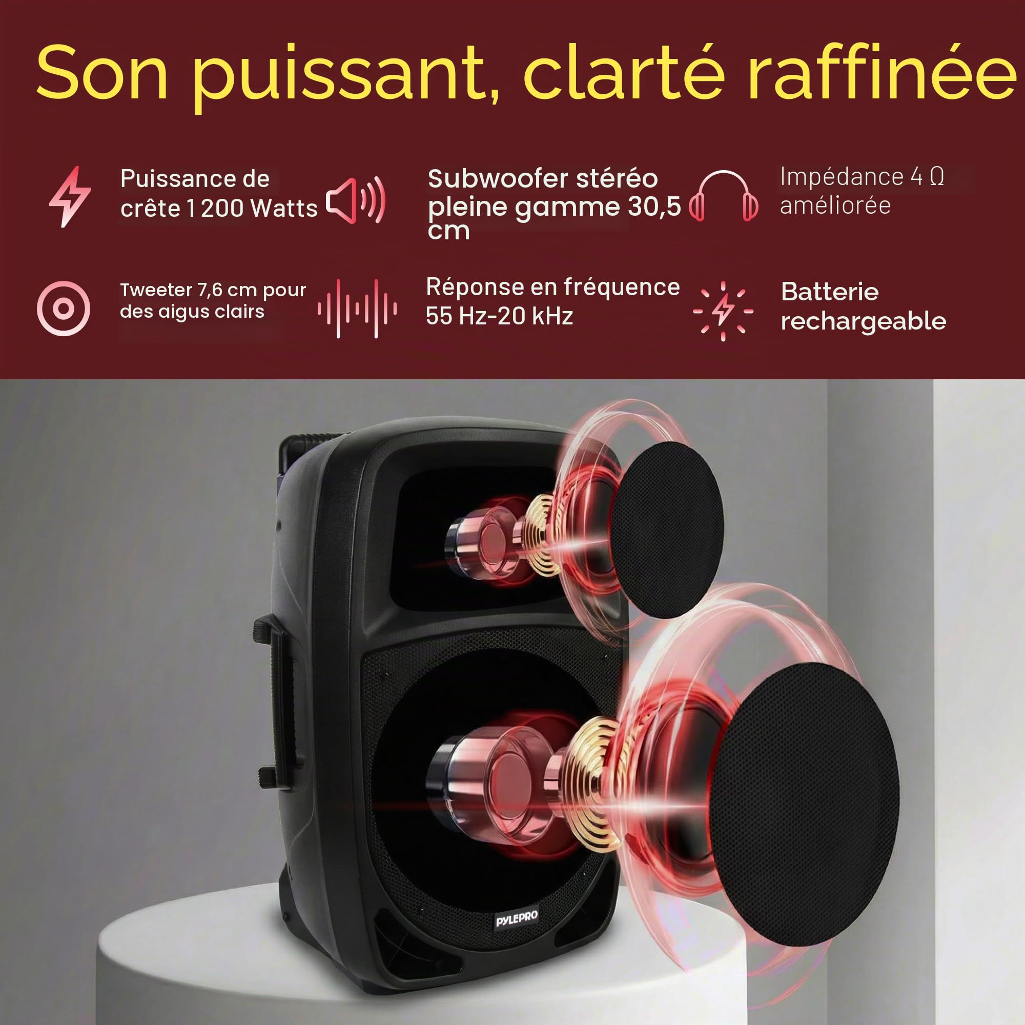 Pyle Enceinte Bluetooth Portable,1200W, Haut Parleur Bluetooth avec Subwoofer,Lumières Indicatrices de Batterie LED avec Batterie Rechargeable Intégrée, Lecteur MP3/USB/SD, Microphone sans Fil, Noir