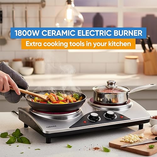 Miniatura 5 de Hot Plate, CUSIMAX Electric Double Burner, Portable Ceramic Infrared Cooktop, Dual Control Cooking Stove, Heat-Up in Seconds, Compatible for All
