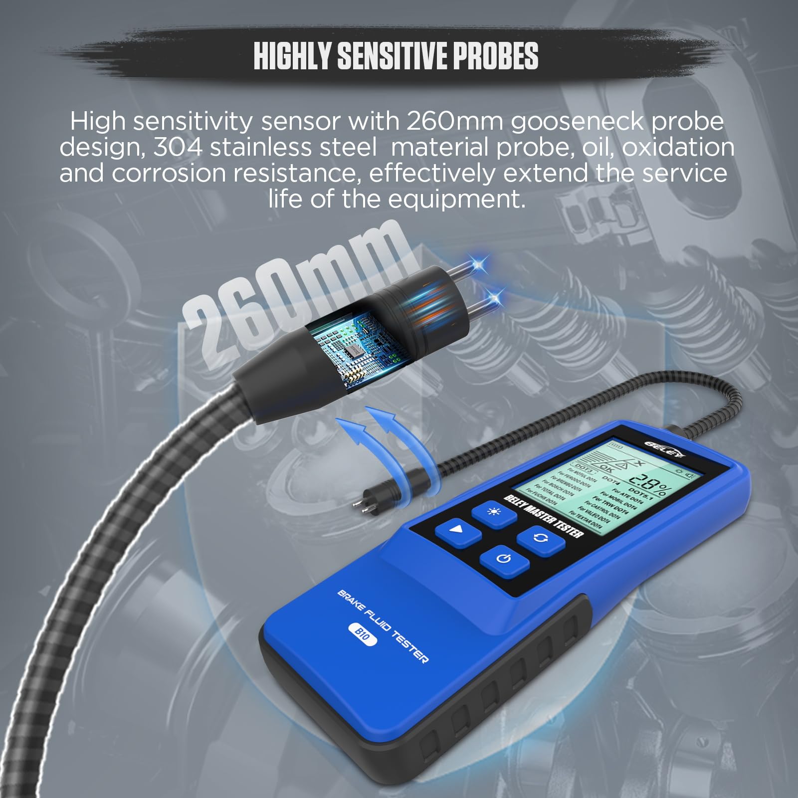 BELEY Tester del Liquido dei Freni per Auto, con Schermo LCD Retroilluminato e Analizzatore di umidità dell'olio con Sonda ad Alta Precisione per Rilevatore Liquido dei Freni DOT3 DOT4 DOT5.1 (Blu)