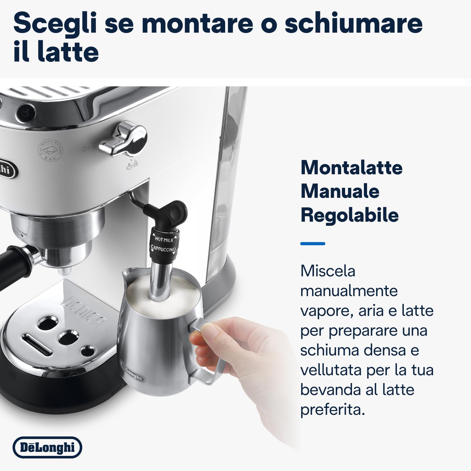De'Longhi Dedica EC685.W Macchina Caffè Espresso Manuale, Caffè Polvere o Cialde E.S.E., Montalatte classico per Cappuccini, Spegnimento Automatico, Serbatoio 1L, Filtro Singolo/Doppio, Bianco